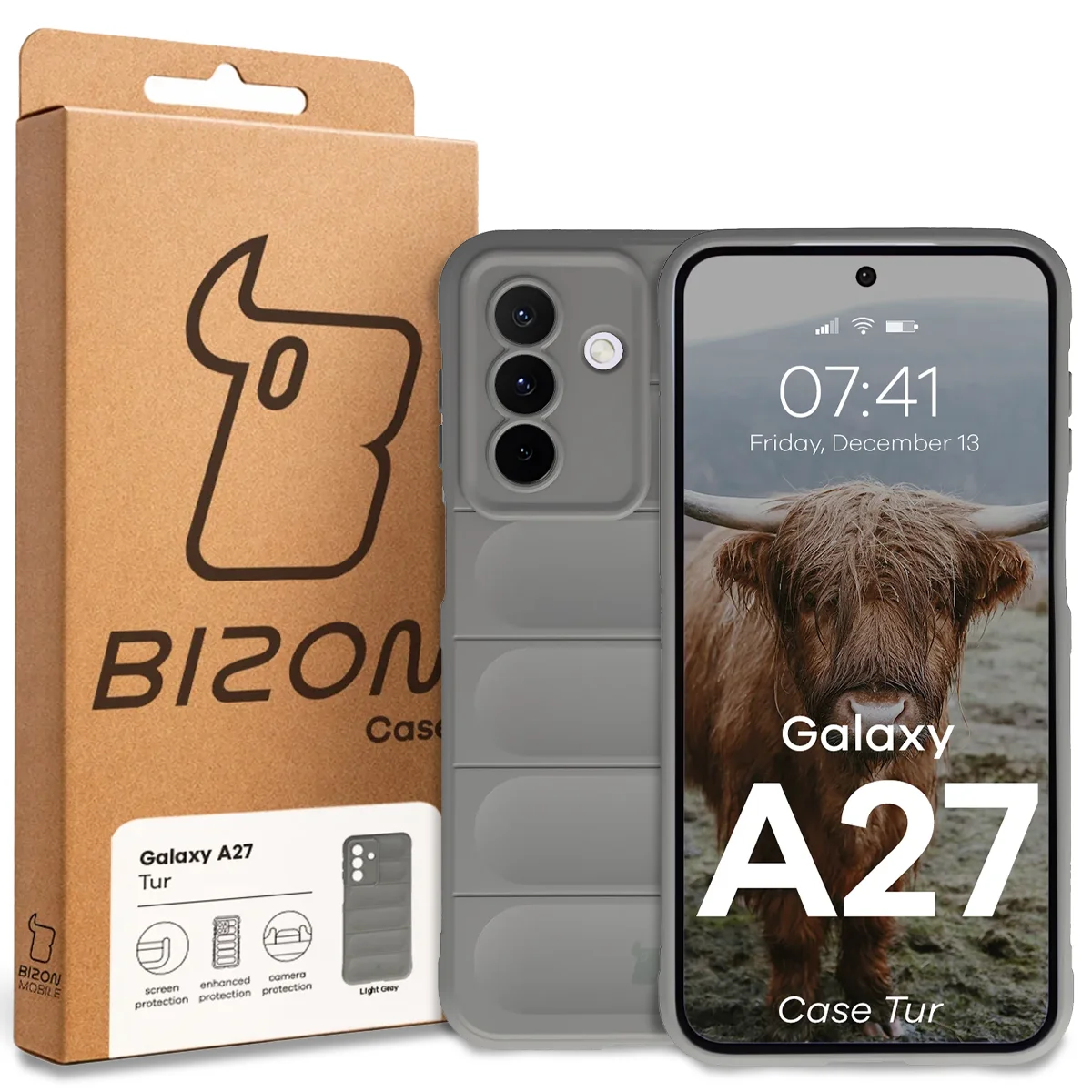 Front of the Bizon Case box with a dedicated label for Samsung Galaxy A27 5G