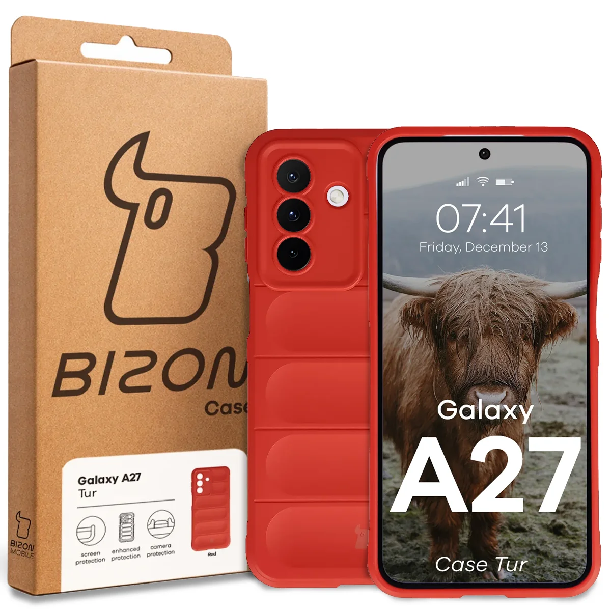 Front of the Bizon Case box with a dedicated label for Samsung Galaxy A27 5G