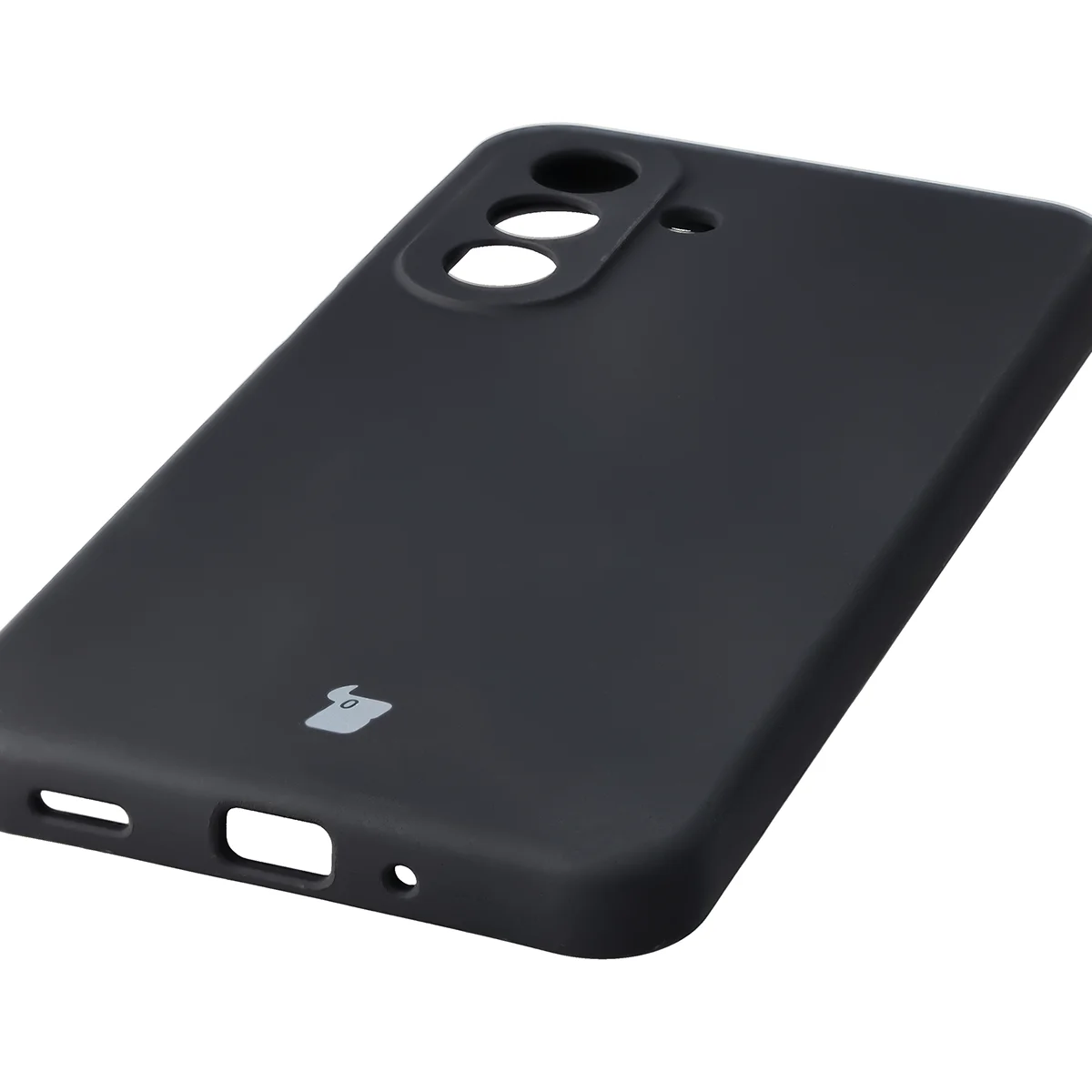 Close-up of precise cutouts and wireless charging capability in the Bison Soft Case for Samsung Galaxy A27 5G