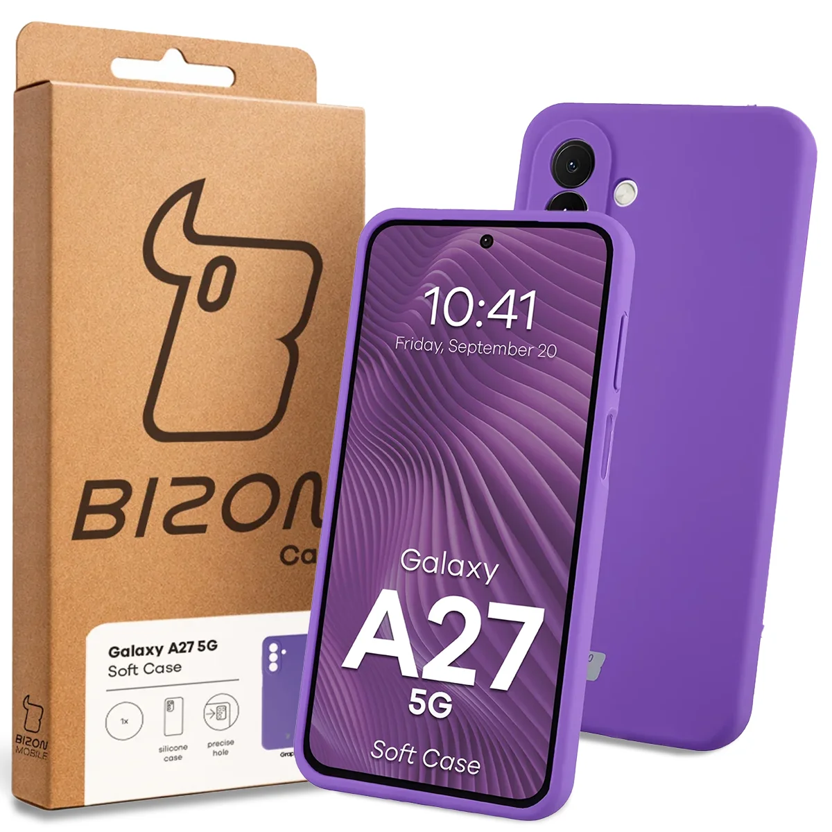 A Bizon Case dobozának elülső oldala, dedikált címkével a Samsung Galaxy A27 5G-hez