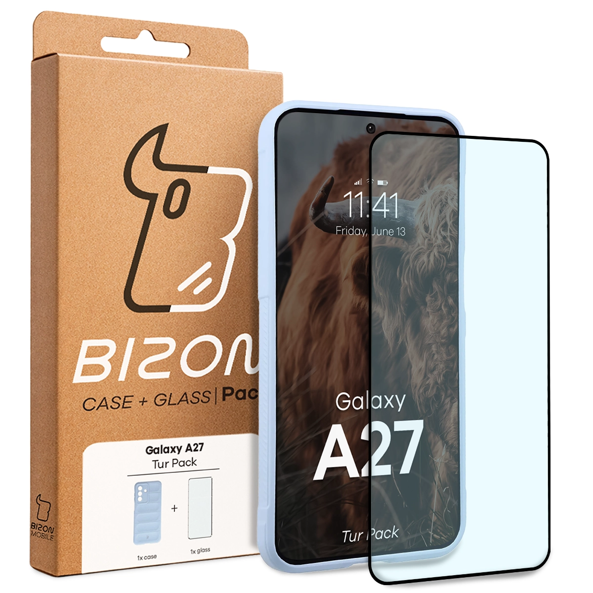 Front of the Bizon Tur Pack box with a dedicated label for Samsung Galaxy A27 5G