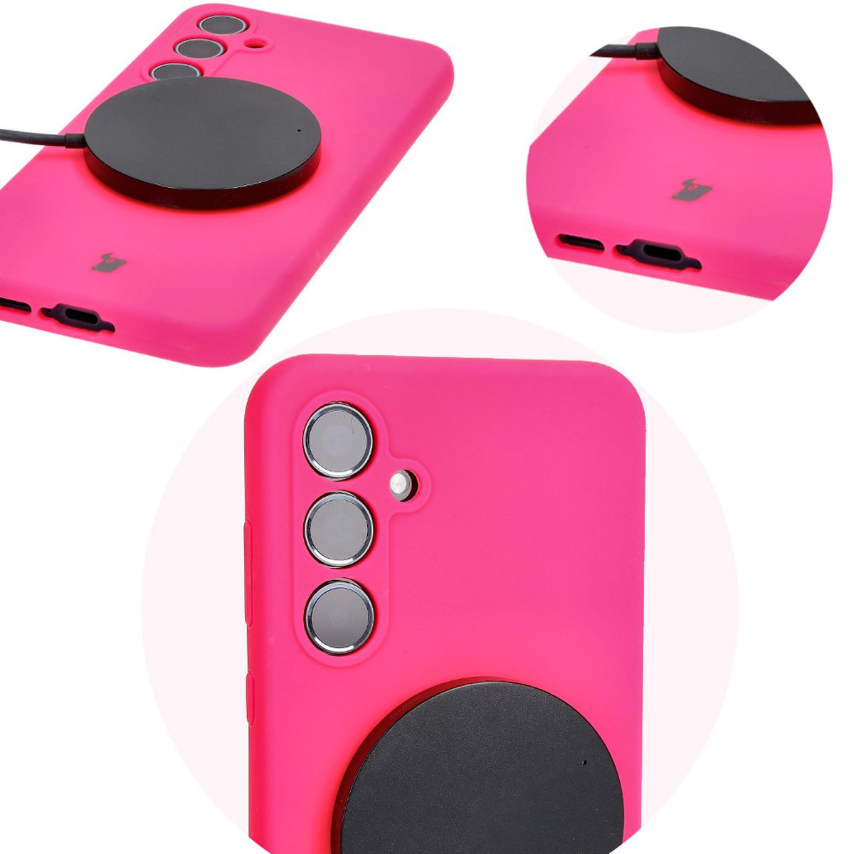 Prim-plan pe decupajele precise și posibilitatea de încărcare wireless în husa Bizon Soft Case