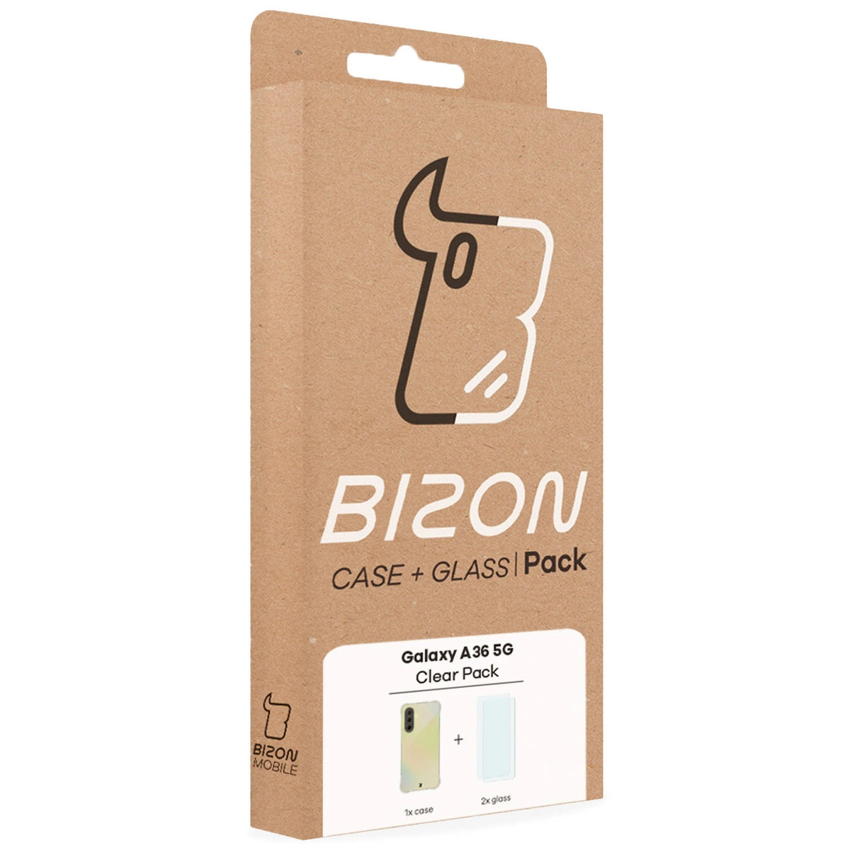 Front of the Bizon Case+Glass box with a dedicated label for Samsung Galaxy A36 5G