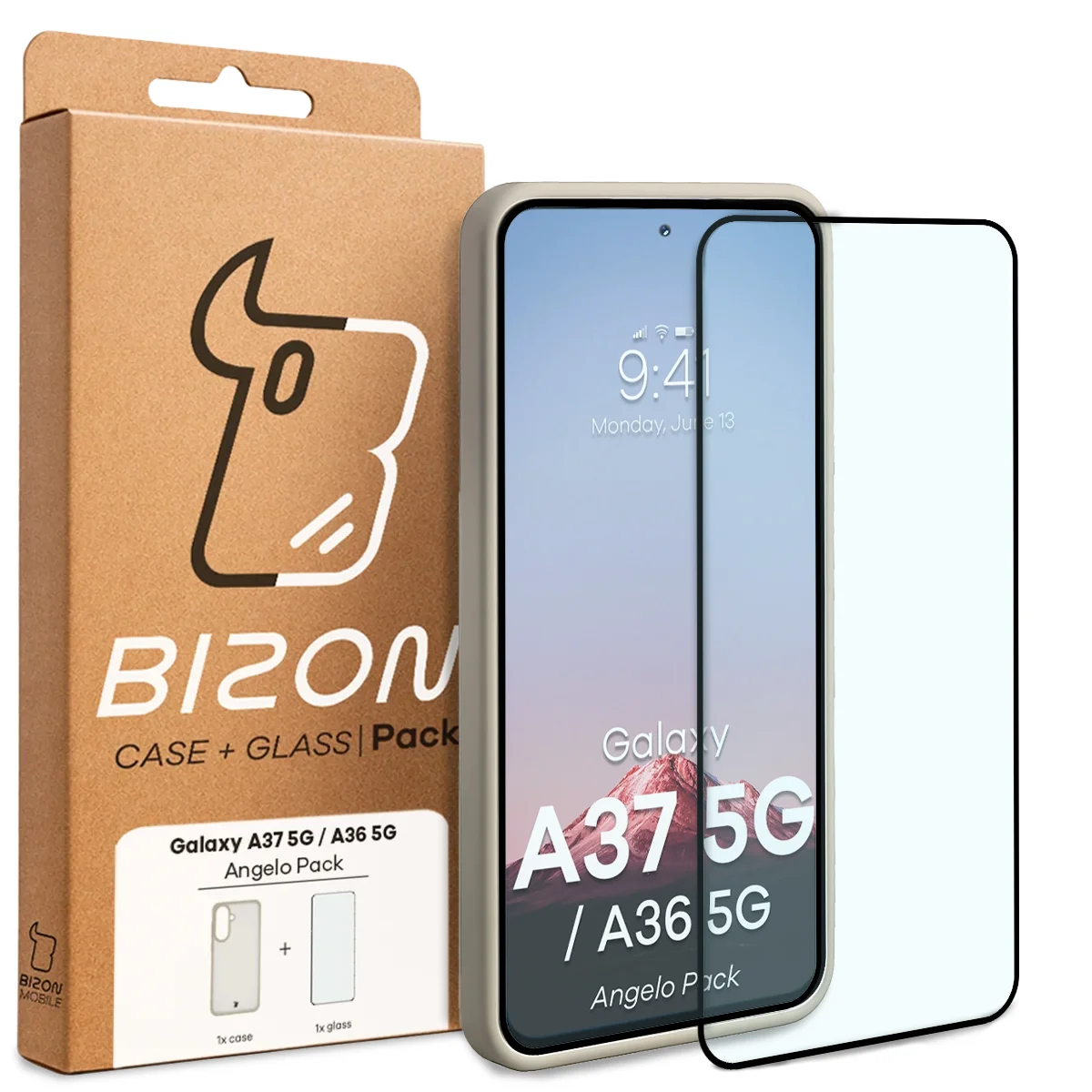 Przód pudełka Bizon Case Angelo Pack z dedykowaną etykietą do Samsung Galaxy A37 5G / Samsung Galaxy A36 5G