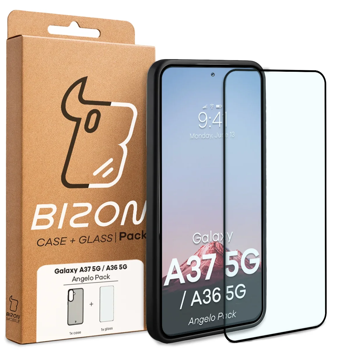 Przód pudełka Bizon Case Angelo Pack z dedykowaną etykietą do Samsung Galaxy A37 5G / Samsung Galaxy A36 5G