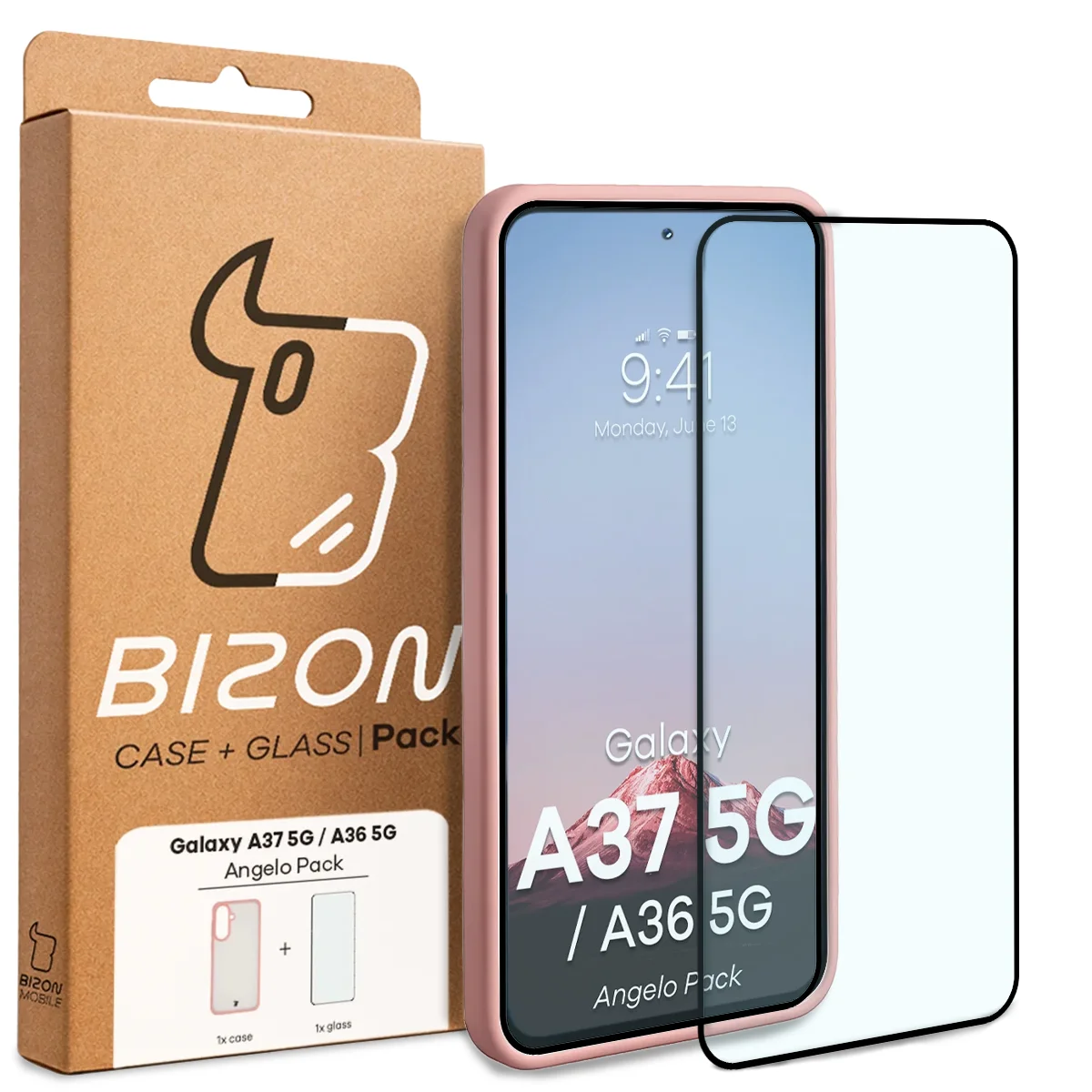 Przód pudełka Bizon Case Angelo Pack z dedykowaną etykietą do Samsung Galaxy A37 5G / Samsung Galaxy A36 5G