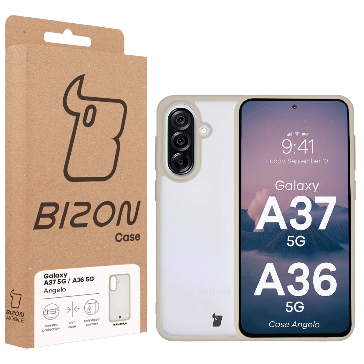 Front of the Bison Case box with a dedicated label for Samsung Galaxy A37 5G / Samsung Galaxy A36 5G