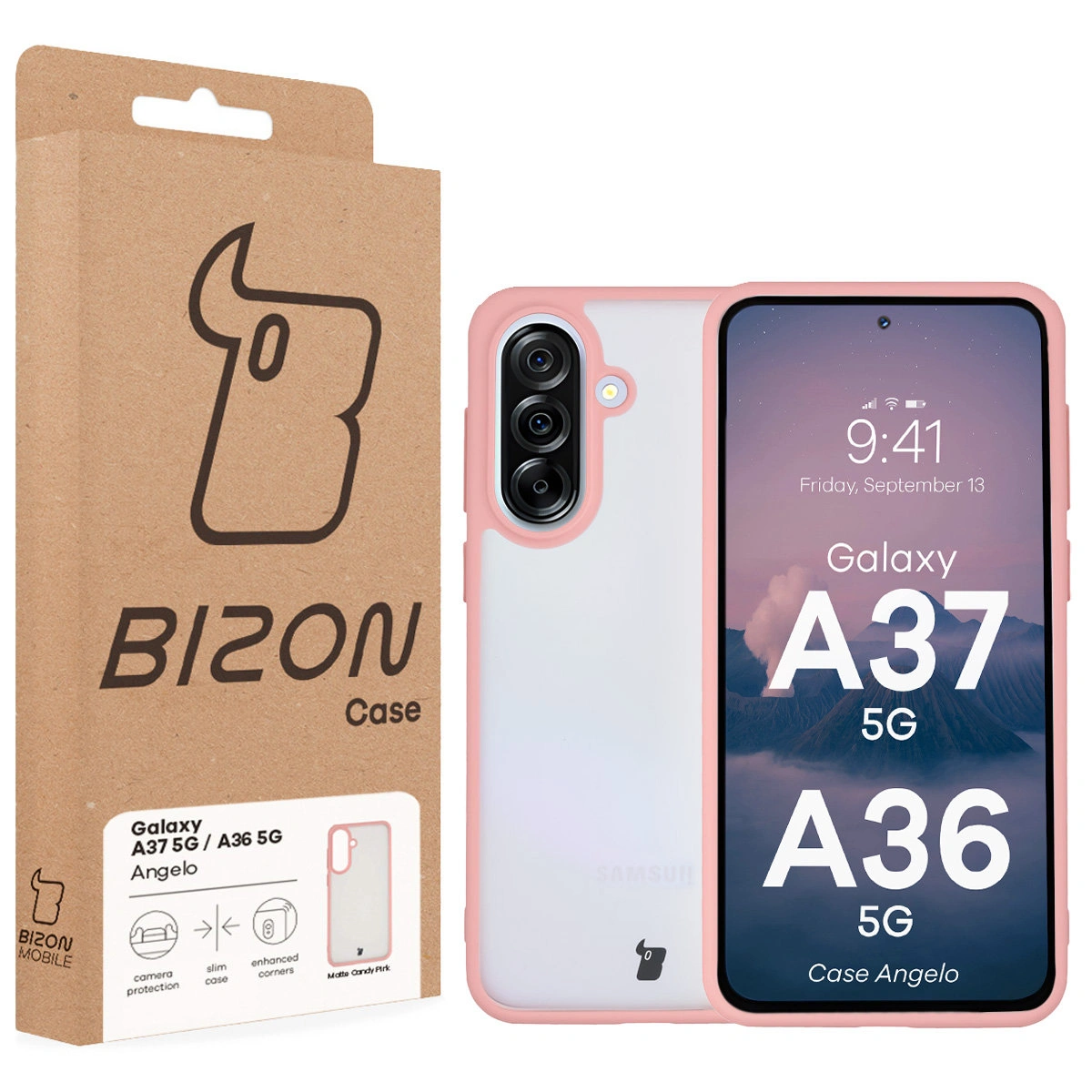 Front of the Bizon Case box with a dedicated label for Samsung Galaxy A37 5G / Samsung Galaxy A36 5G