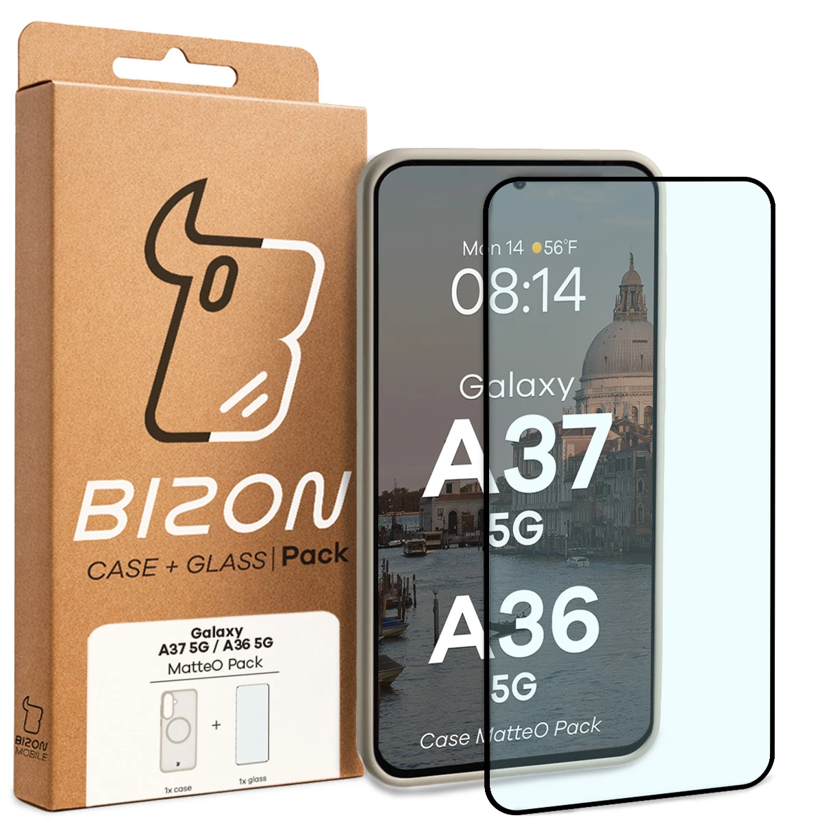 Przód pudełka Bizon Case Matteo Pack z dedykowaną etykietą do Samsung Galaxy A37 5G / Samsung Galaxy A36 5G