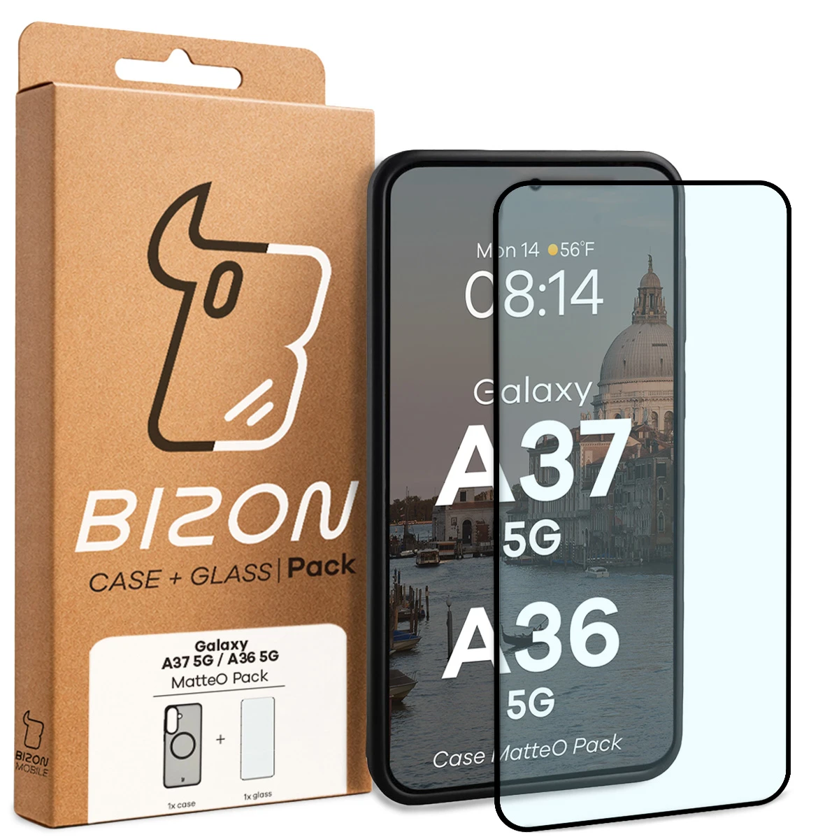 Przód pudełka Bizon Case Matteo Pack z dedykowaną etykietą do Samsung Galaxy A37 5G / Samsung Galaxy A36 5G