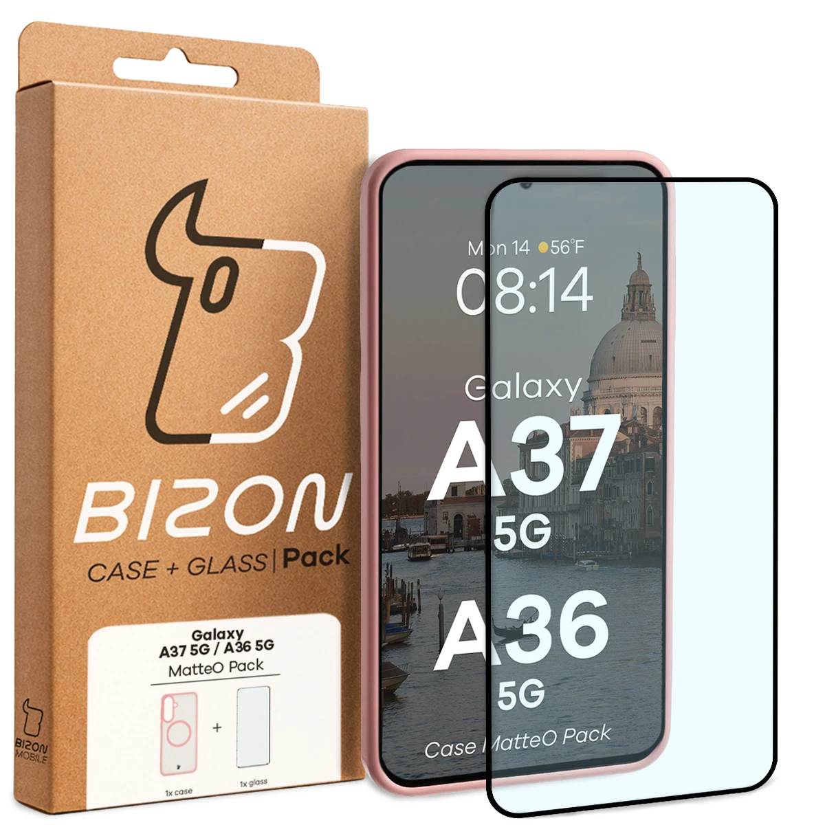 Przód pudełka Bizon Case Matteo Pack z dedykowaną etykietą do Samsung Galaxy A37 5G / Samsung Galaxy A36 5G
