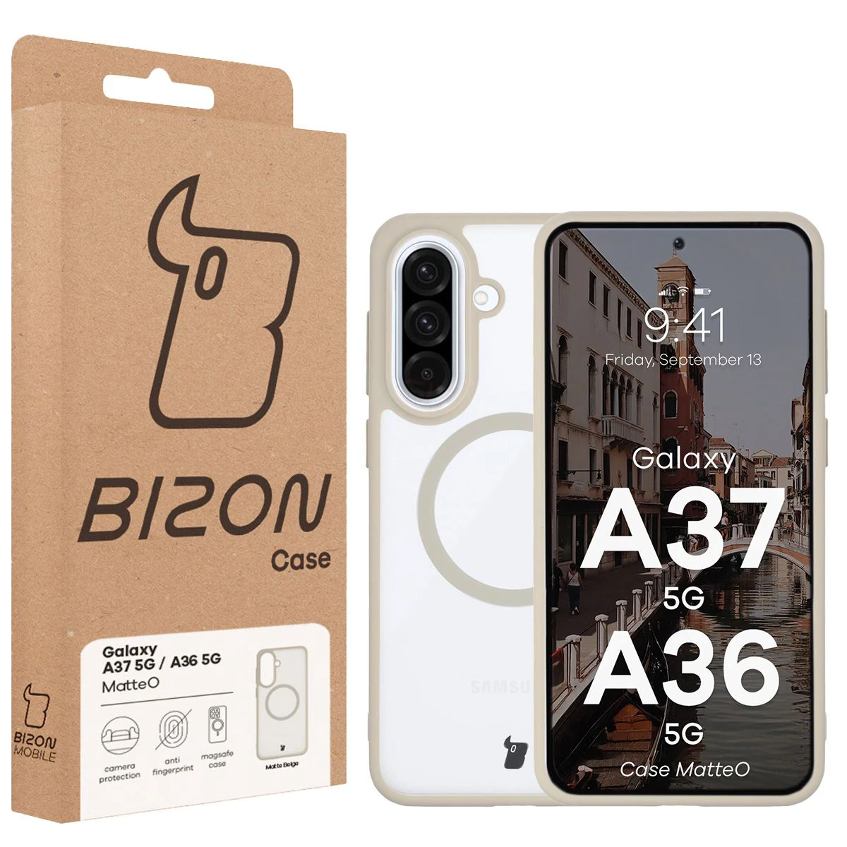 Przód pudełka Bizon Case z dedykowaną etykietą do Samsung Galaxy A37 5G / Samsung Galaxy A36 5G