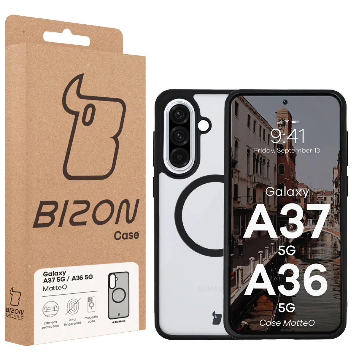 Przód pudełka Bizon Case z dedykowaną etykietą do Samsung Galaxy A37 5G / Samsung Galaxy A36 5G