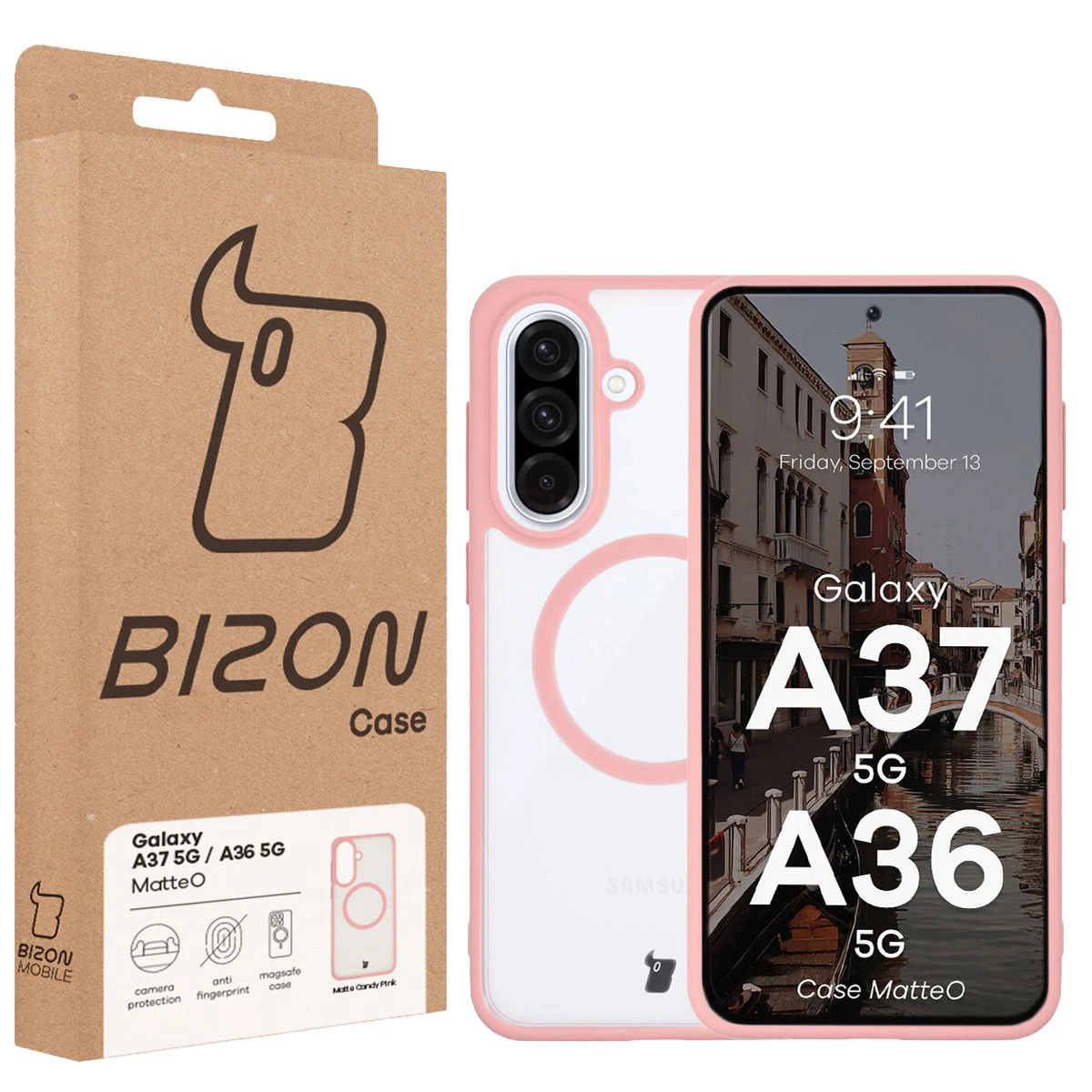 Przód pudełka Bizon Case z dedykowaną etykietą do Samsung Galaxy A37 5G / Samsung Galaxy A36 5G
