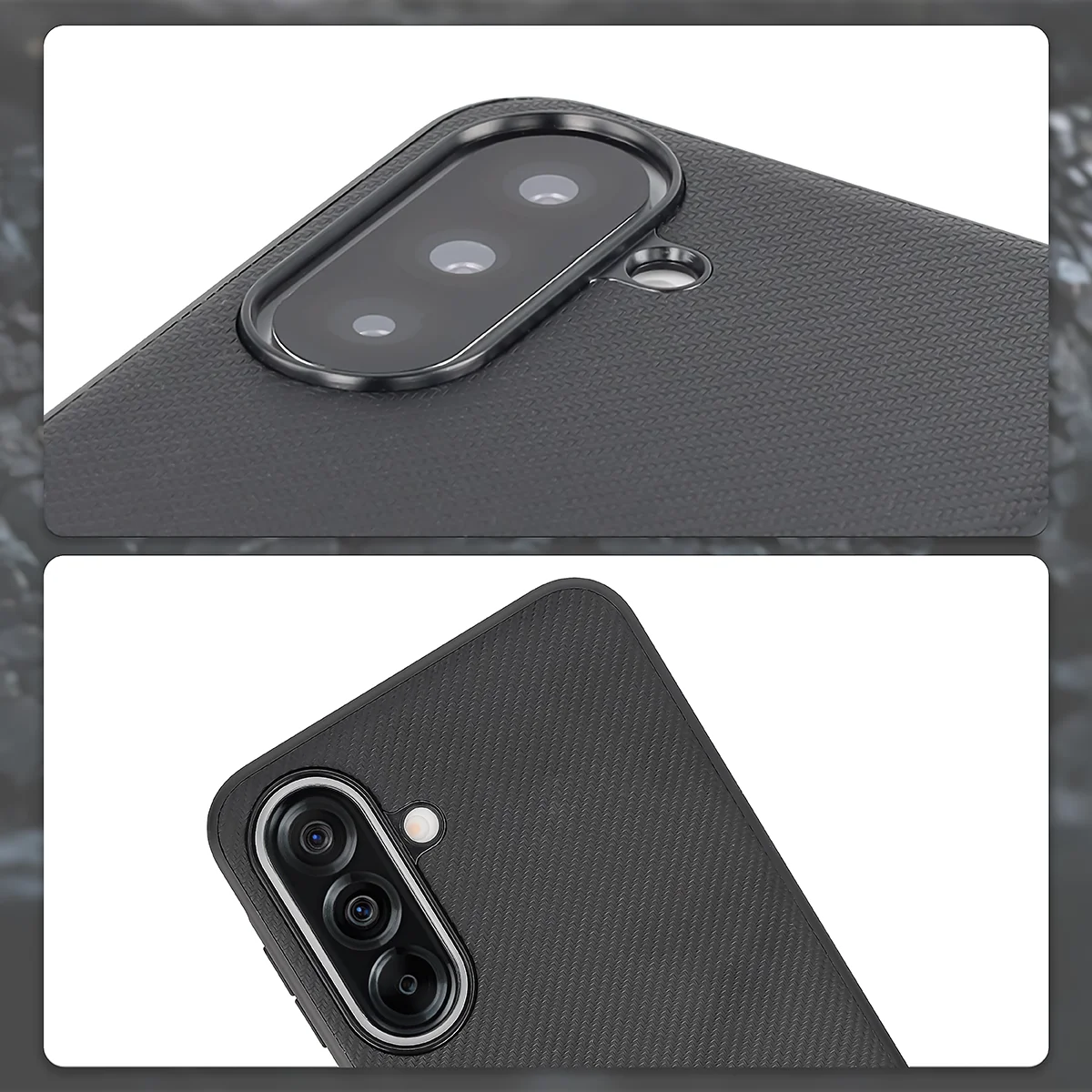 Raised camera edges and cutout for the camera in the Bizon Case CarbO for Samsung Galaxy A37 5G