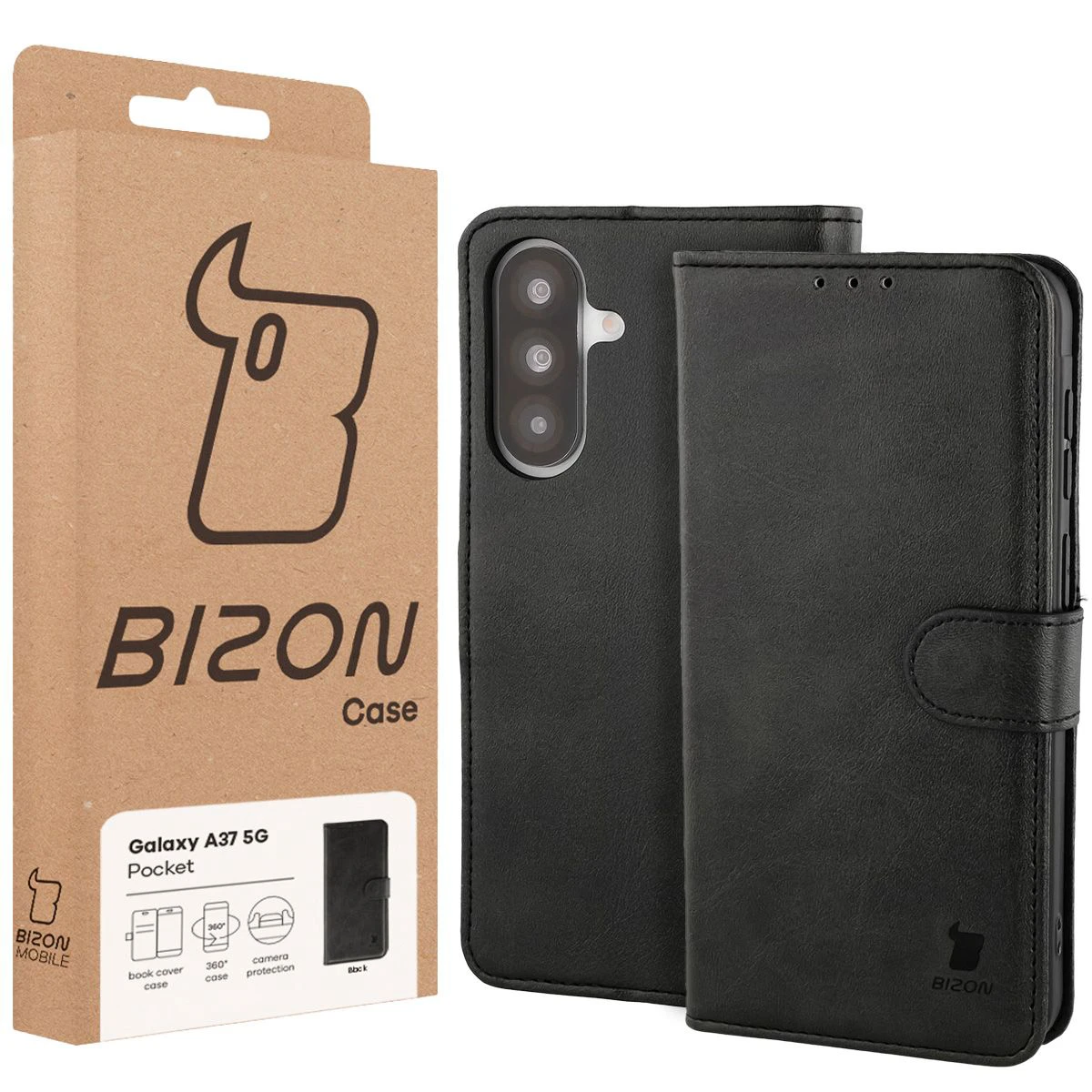 Vorderseite der Bison Case Box mit dediziertem Etikett für Samsung Galaxy A37 5G