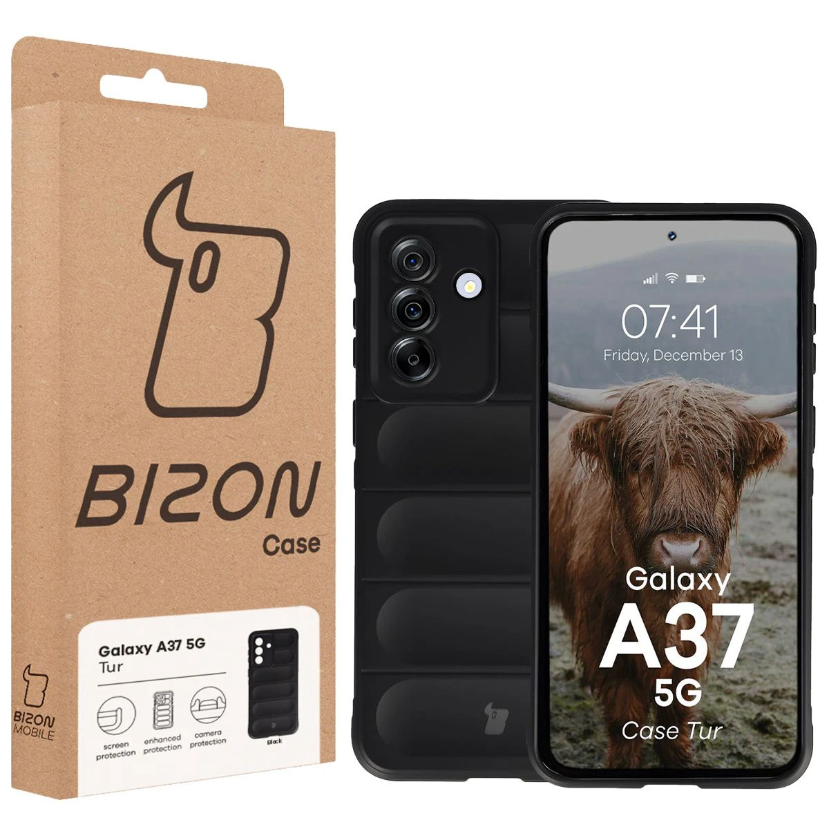 Fața cutiei Bizon Case cu eticheta dedicată pentru Samsung Galaxy A37 5G