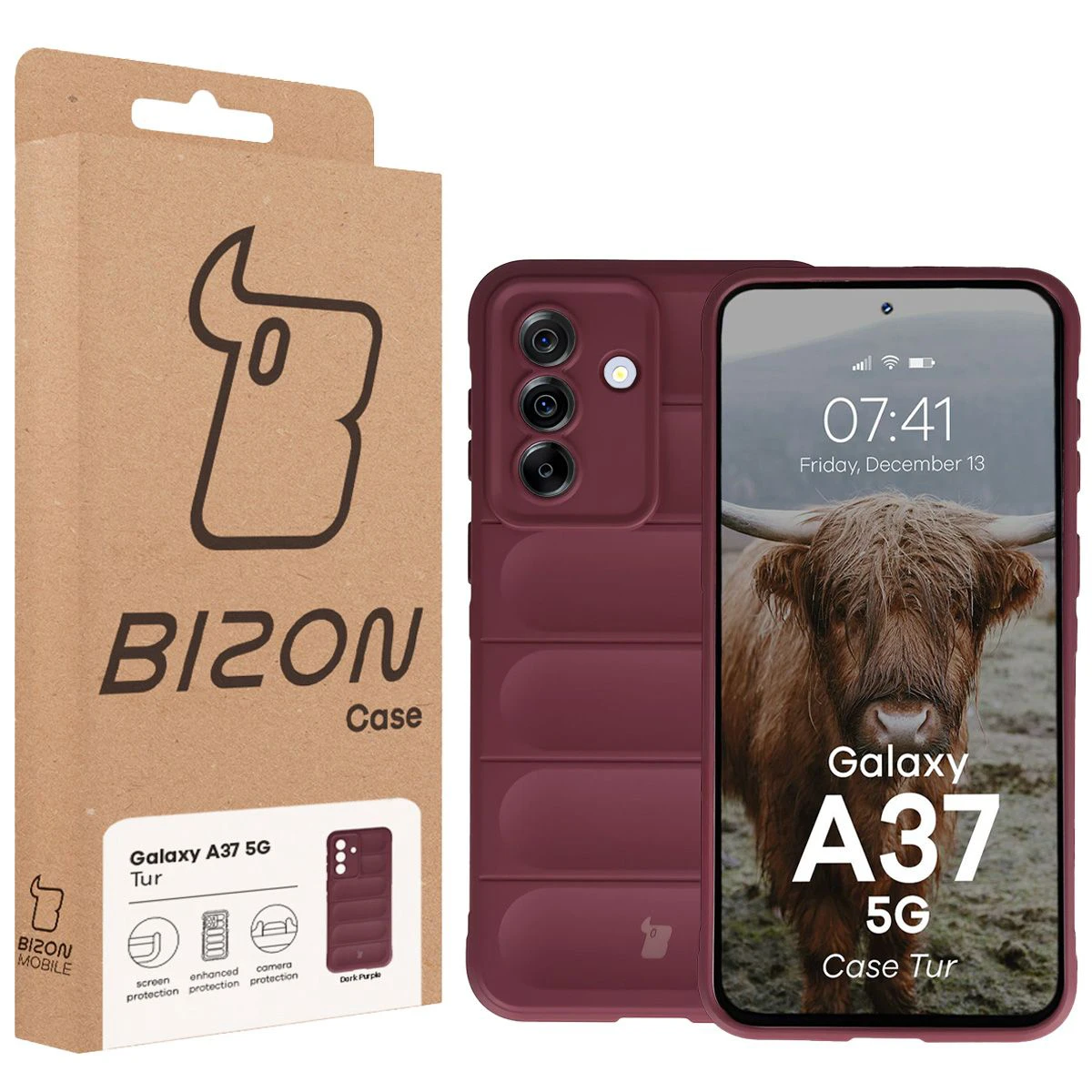 Fața cutiei Bizon Case cu eticheta dedicată pentru Samsung Galaxy A37 5G