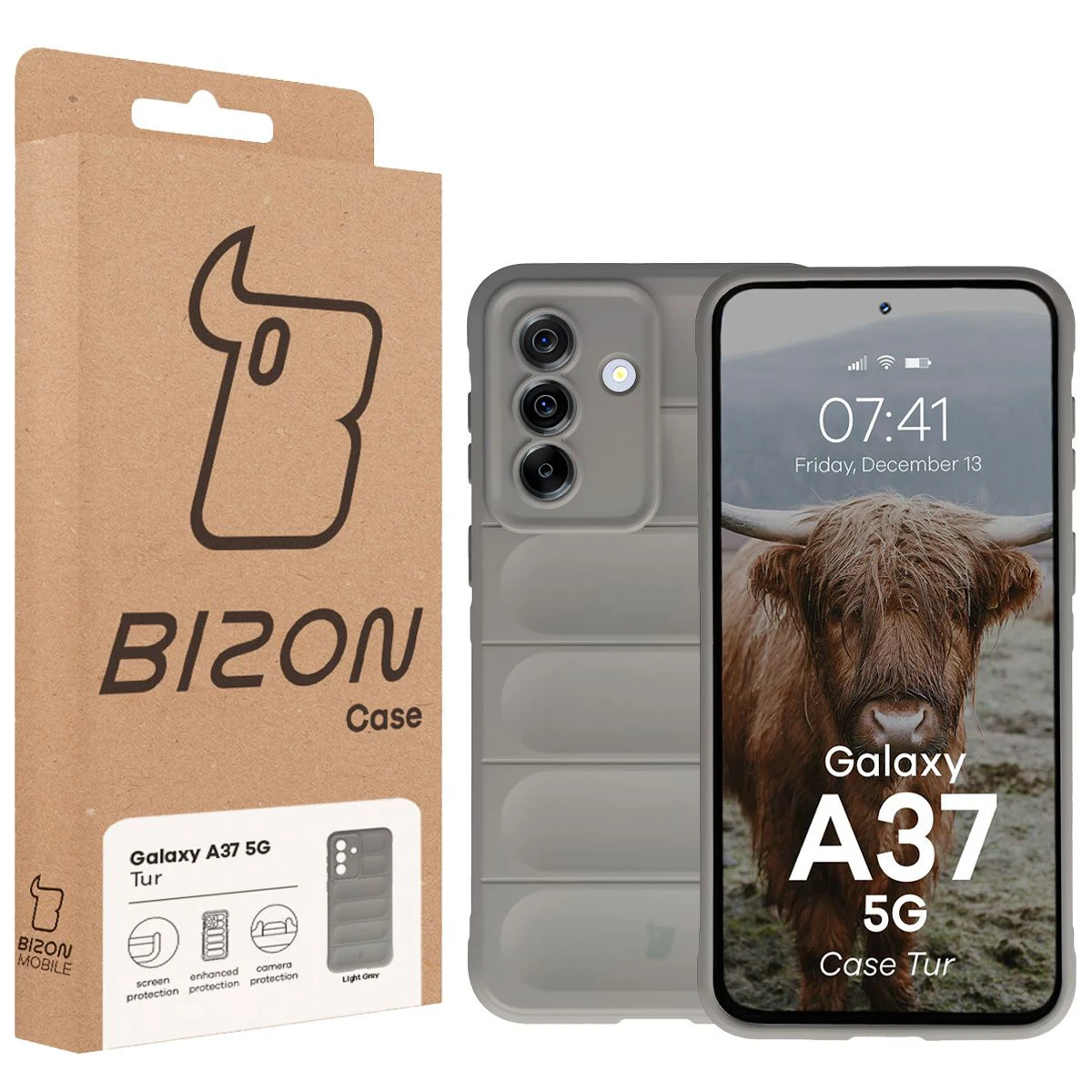 Fața cutiei Bizon Case cu eticheta dedicată pentru Samsung Galaxy A37 5G