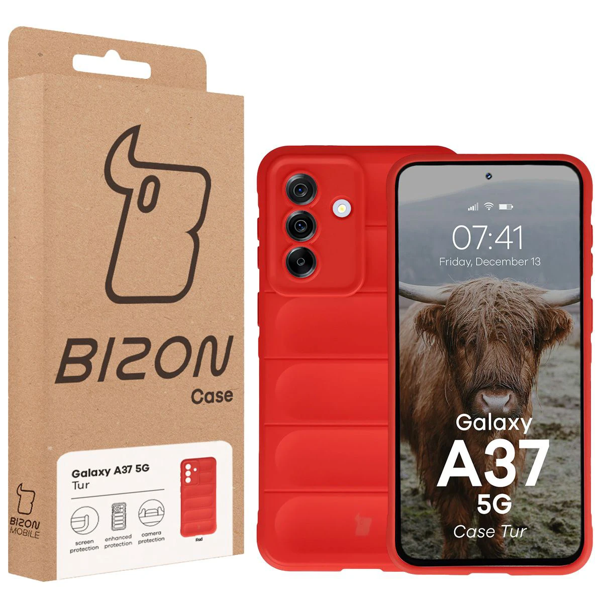 Fața ambalajului Bizon Case cu eticheta dedicată pentru Samsung Galaxy A37 5G