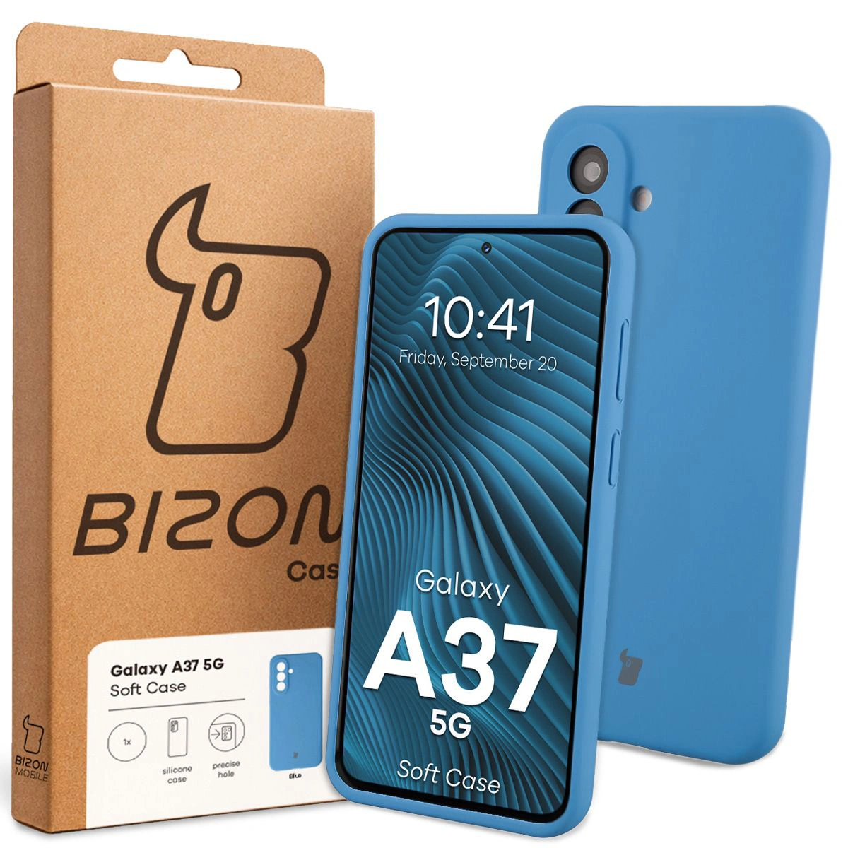 Frontalul cutiei Bizon Case cu eticheta dedicată pentru Samsung Galaxy A37 5G