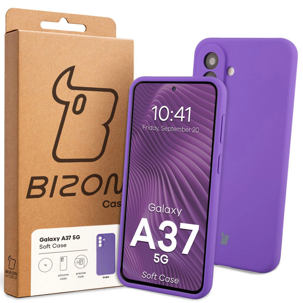 Vorderseite der Bizon Case Box mit dediziertem Etikett für Samsung Galaxy A37 5G