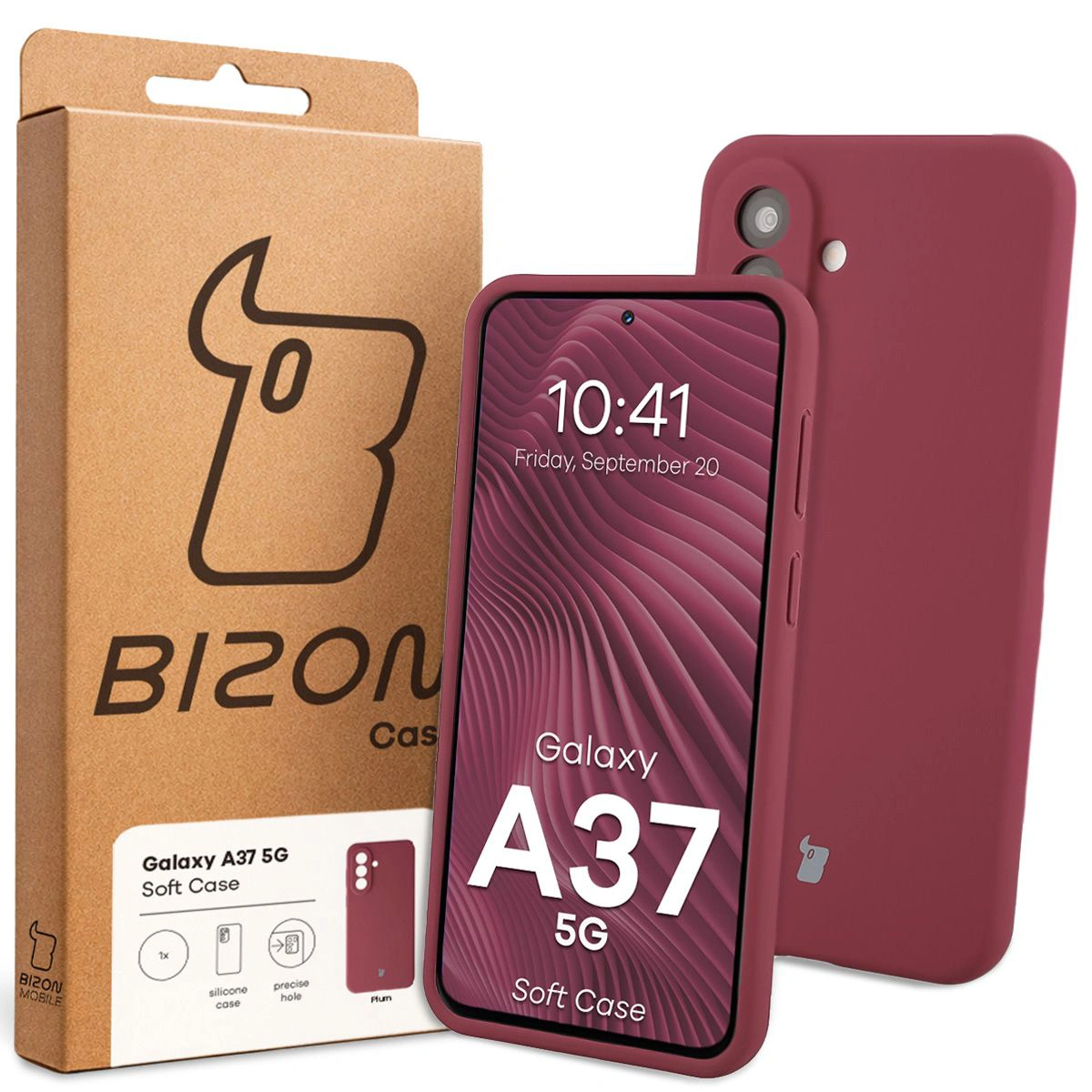 Przód pudełka Bizon Case z dedykowaną etykietą do Samsung Galaxy A37 5G