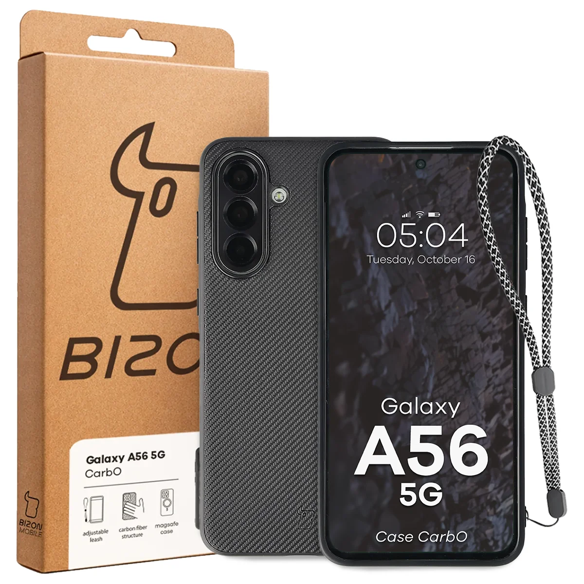 Przód pudełka Bizon Case z dedykowaną etykietą do Samsung Galaxy A56 5G