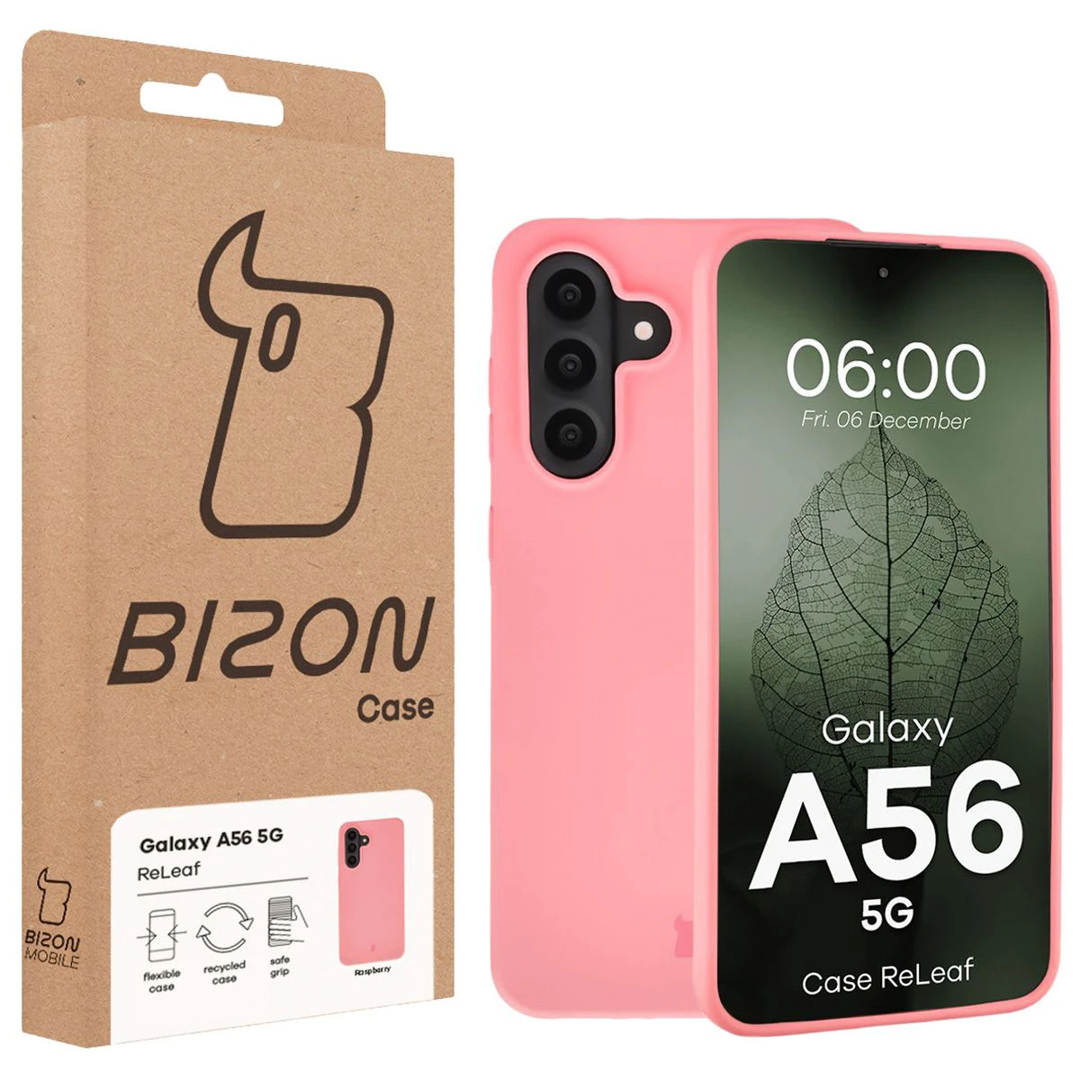Przód pudełka Bizon Case z dedykowaną etykietą do Samsung Galaxy A56 5G