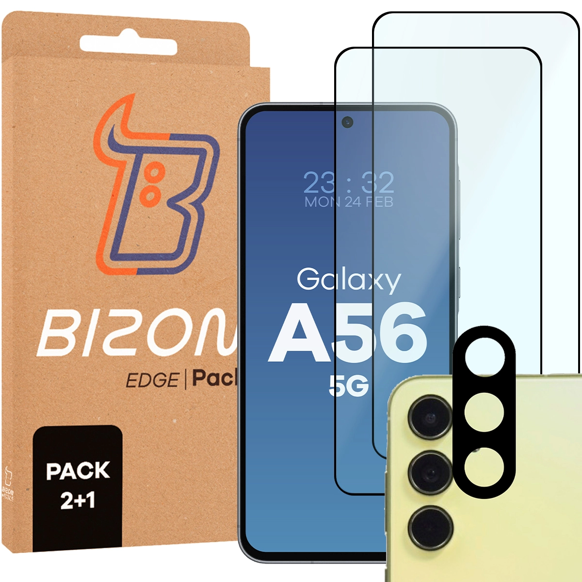 A Bizon Glass Edge 2 csomag tartalma a Galaxy A56 5G-hez