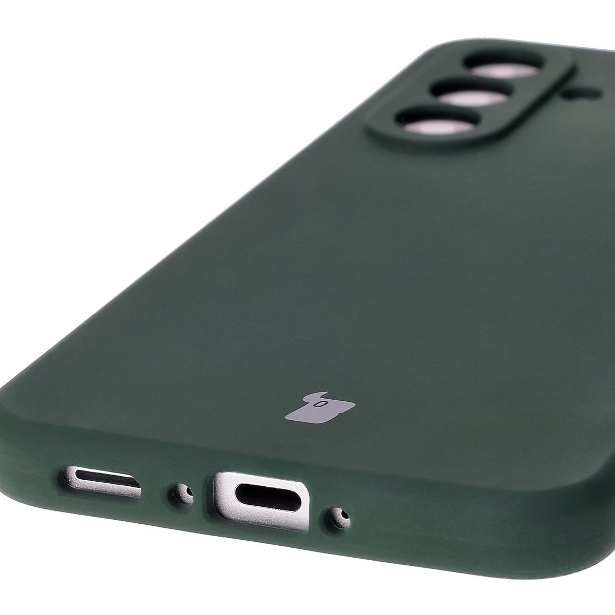Close-up of precise cutouts and wireless charging capability in the Bison Soft Case