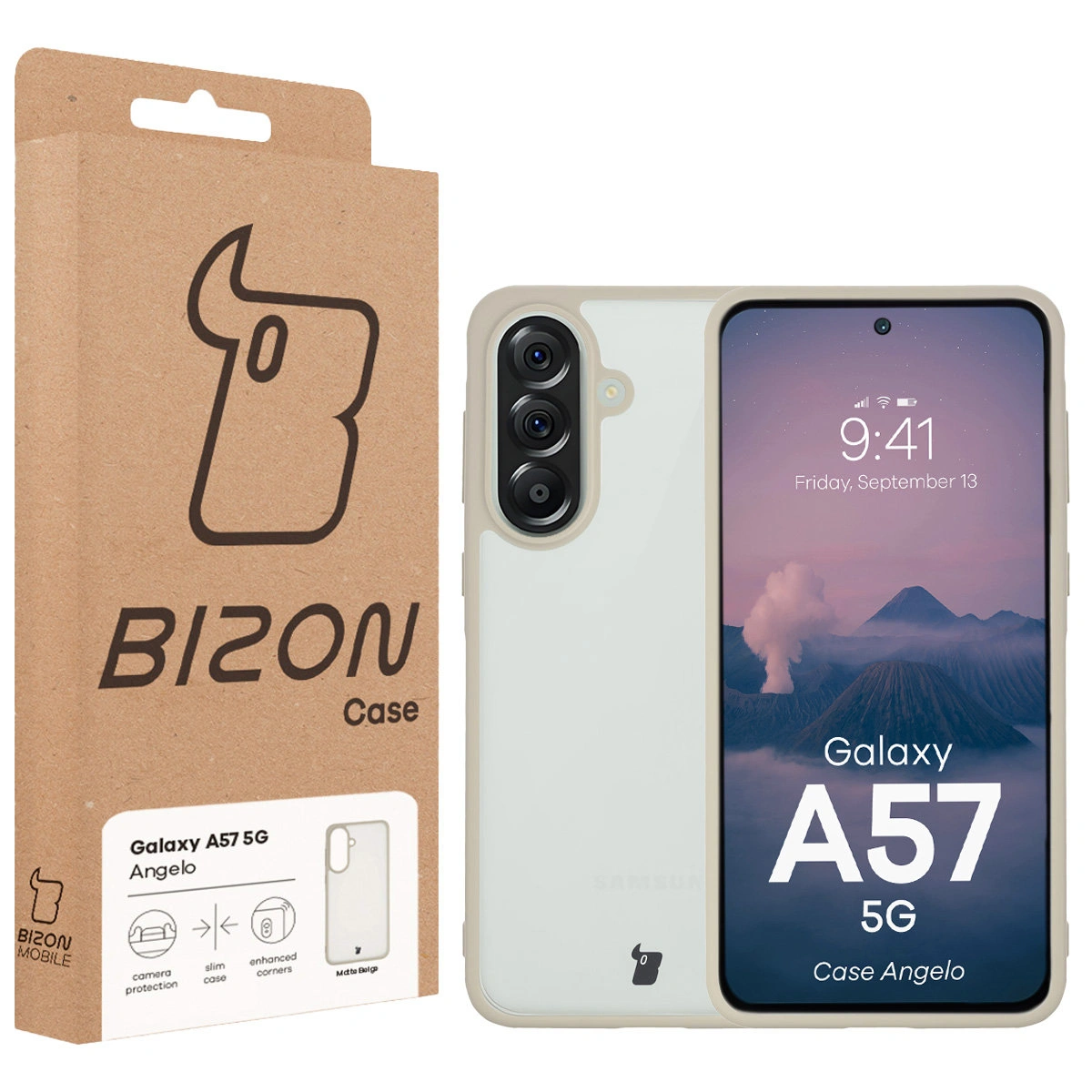 Front of the Bison Case box with a dedicated label for Samsung Galaxy A57 5G