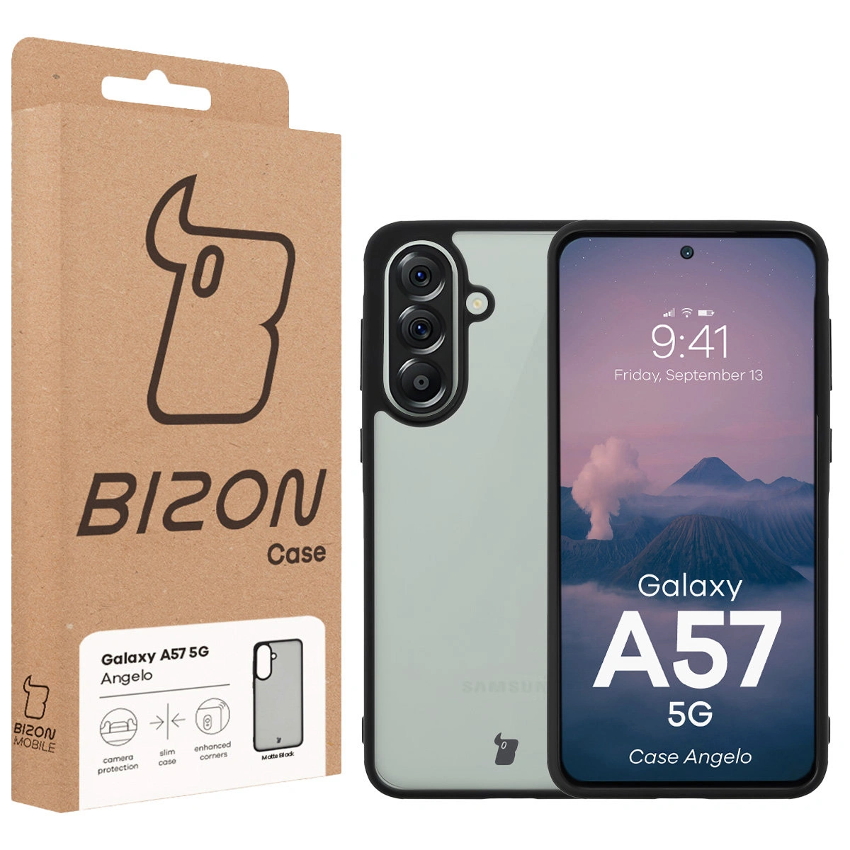 Front of the Bizon Case box with a dedicated label for Samsung Galaxy A57 5G