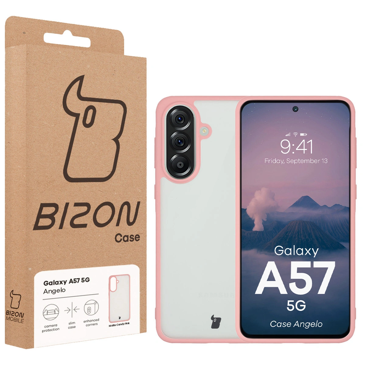 Partea din față a cutiei Bizon Case cu eticheta dedicată pentru Samsung Galaxy A57 5G