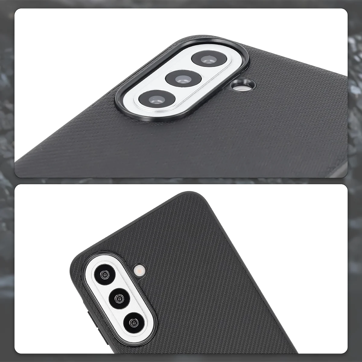 Podniesione krawędzie aparatu i wycięcie na aparat w etui Bizon Case CarbO do Samsung Galaxy A57 5G