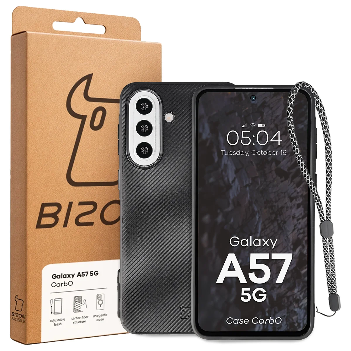 Przód pudełka Bizon Case z dedykowaną etykietą do Samsung Galaxy A57 5G