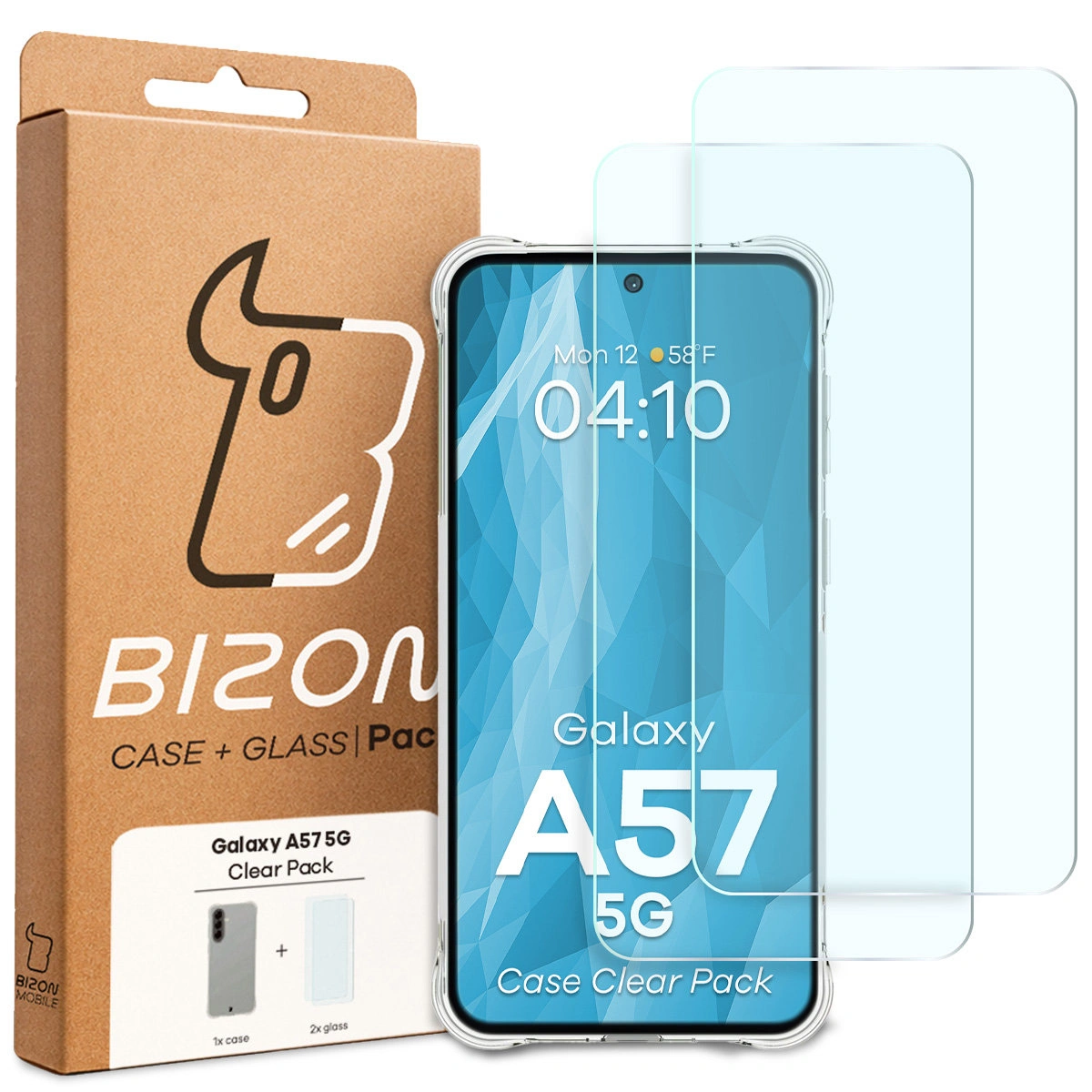 Przód pudełka Bizon Case+Glass z dedykowaną etykietą do Samsung Galaxy A57 5G