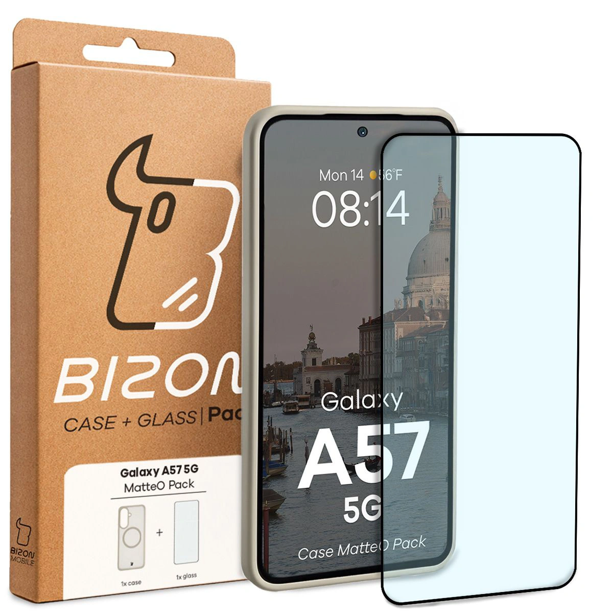 Przód pudełka Bizon Case Matteo Pack z dedykowaną etykietą do Samsung Galaxy A57 5G