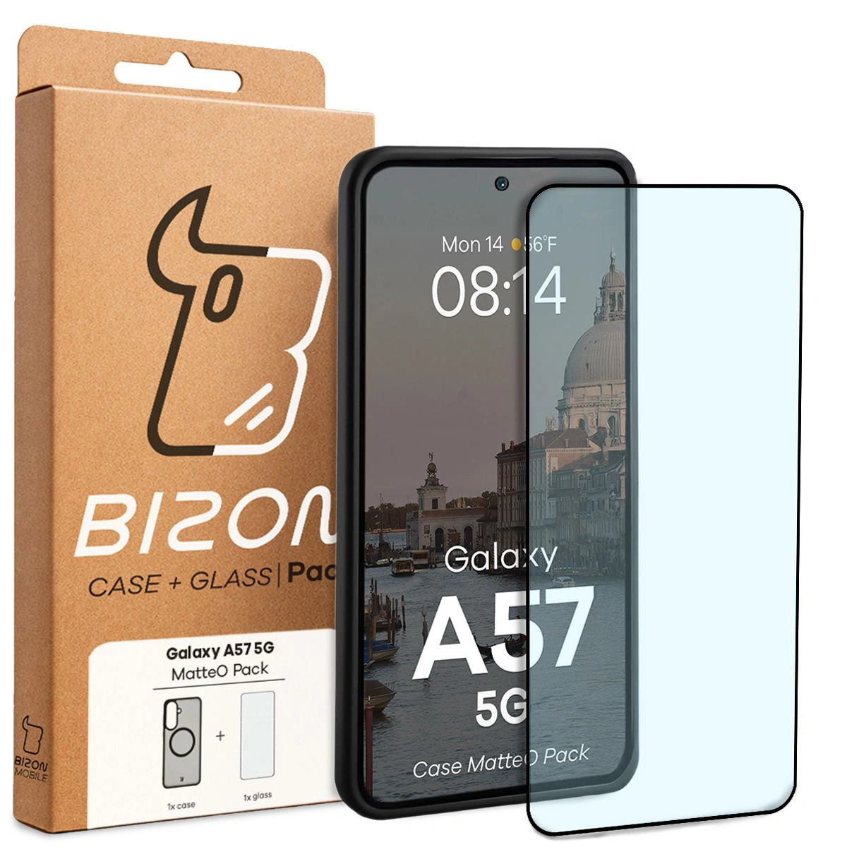 Przód pudełka Bizon Case Matteo Pack z dedykowaną etykietą do Samsung Galaxy A57 5G