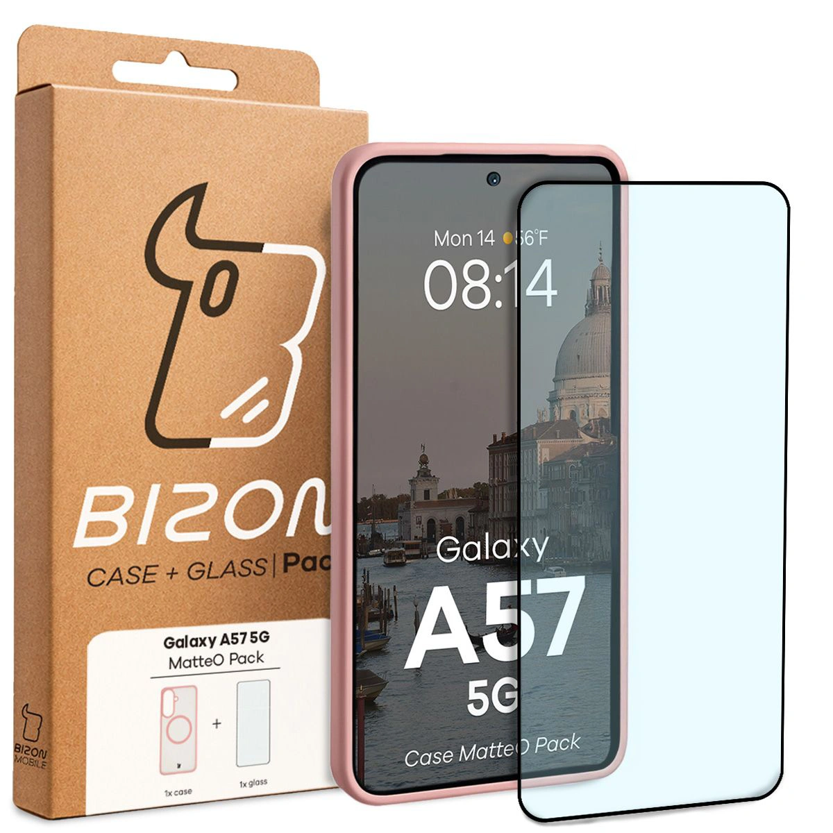 Przód pudełka Bizon Case Matteo Pack z dedykowaną etykietą do Samsung Galaxy A57 5G