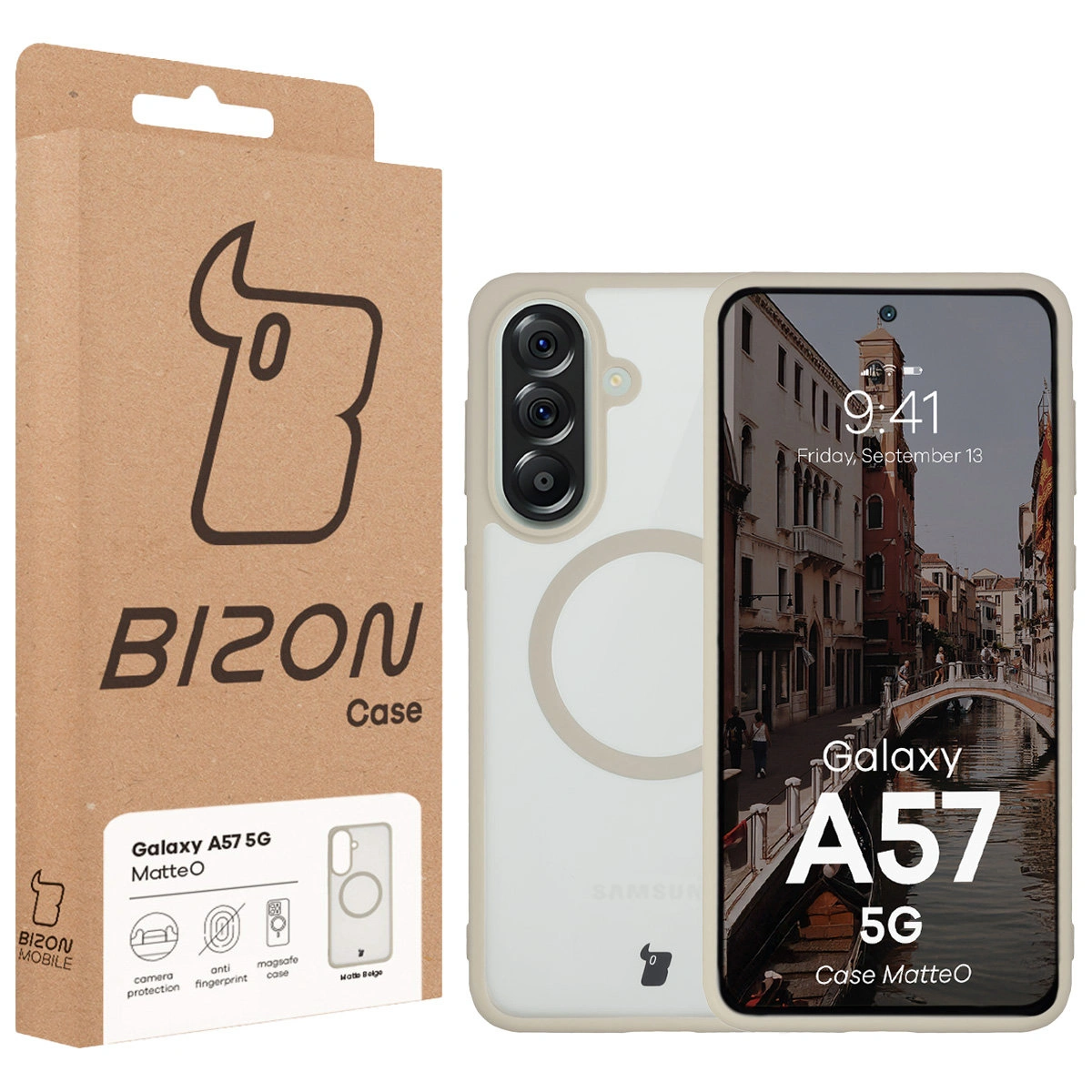 Frontalul cutiei Bizon Case cu eticheta dedicată pentru Samsung Galaxy A57 5G