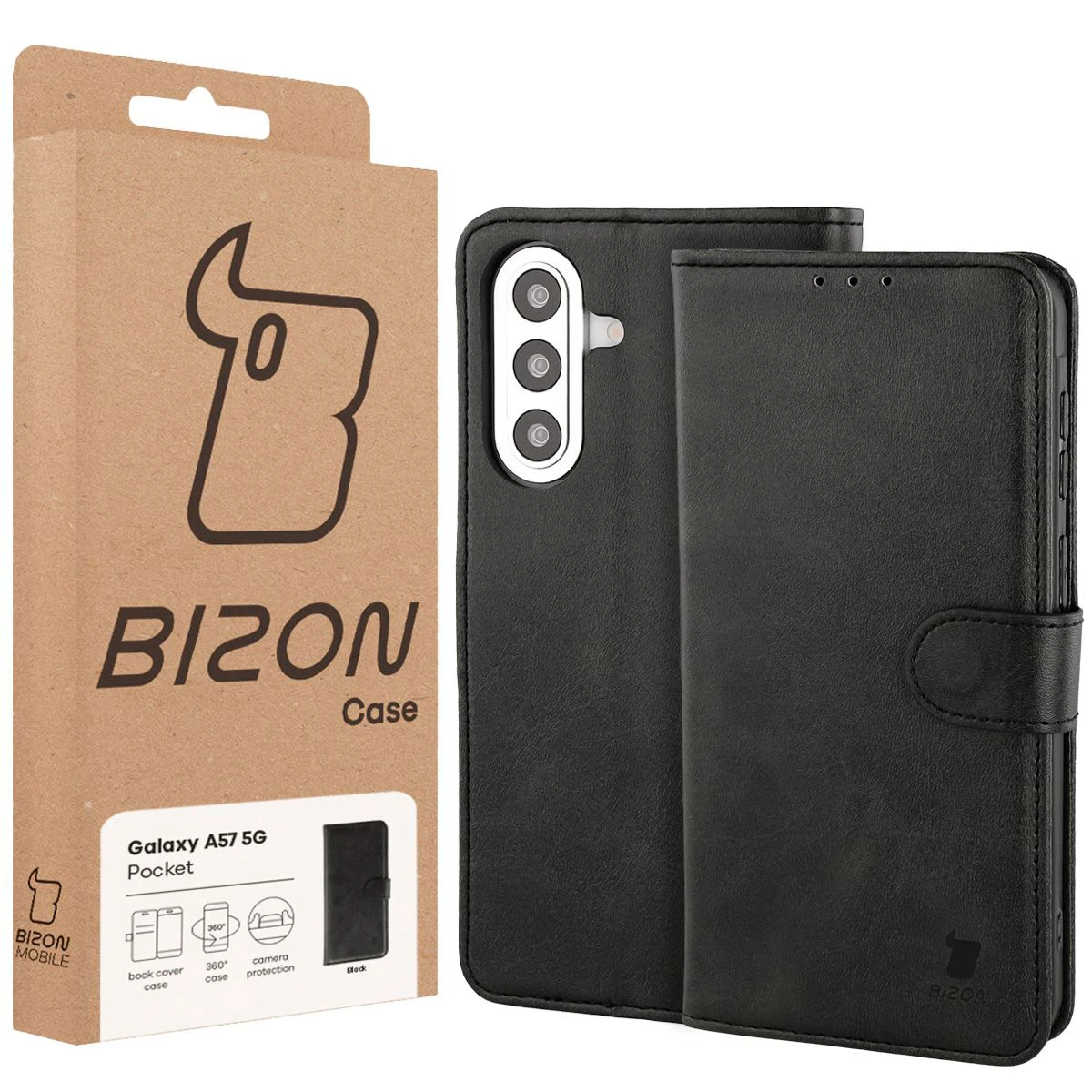 Front of the Bison Case box with a dedicated label for Samsung Galaxy A57 5G