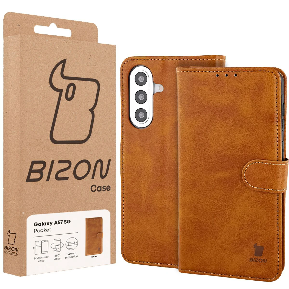 Front of the Bison Case box with a dedicated label for Samsung Galaxy A57 5G