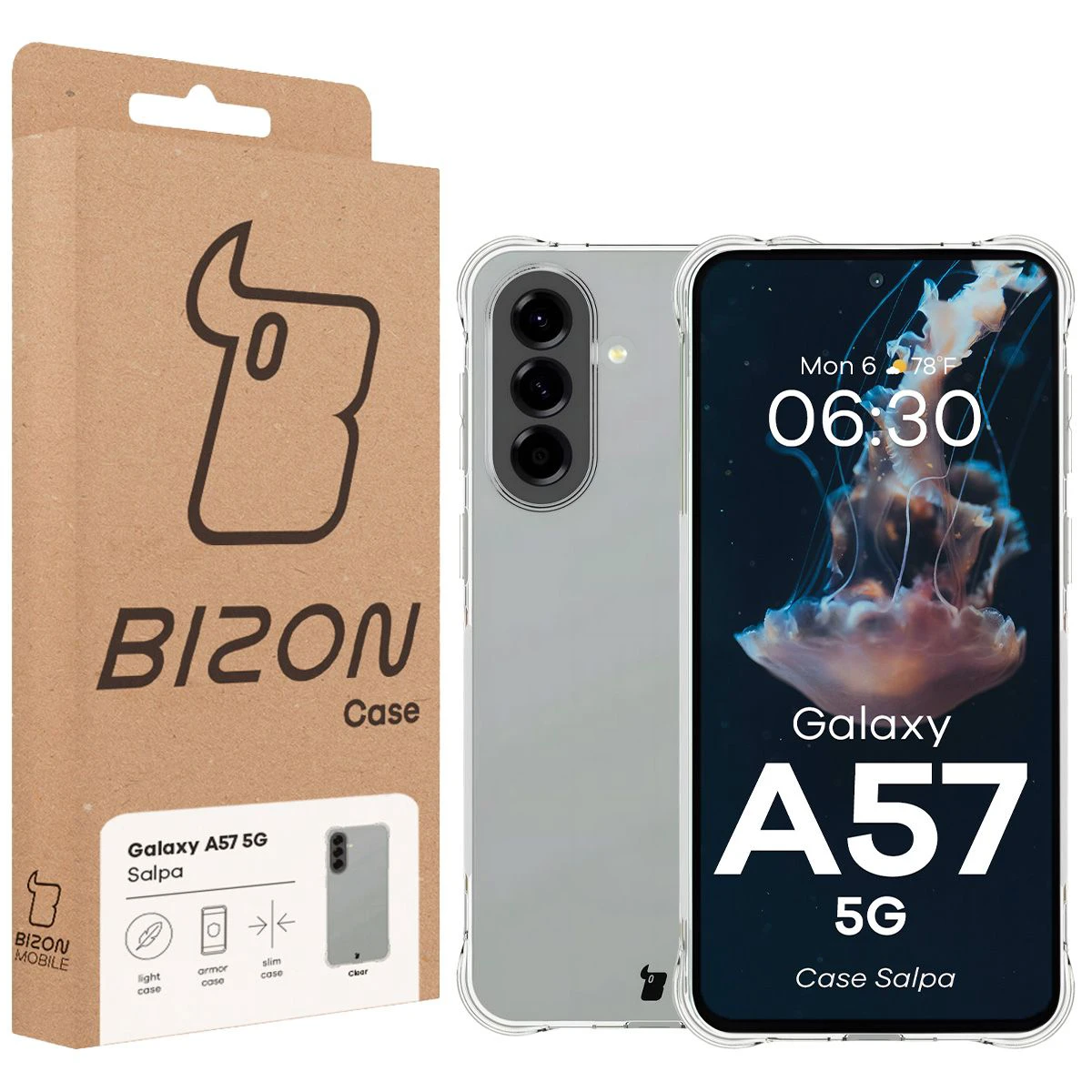 Front of the Bison Case box with a dedicated label for Samsung Galaxy A57 5G