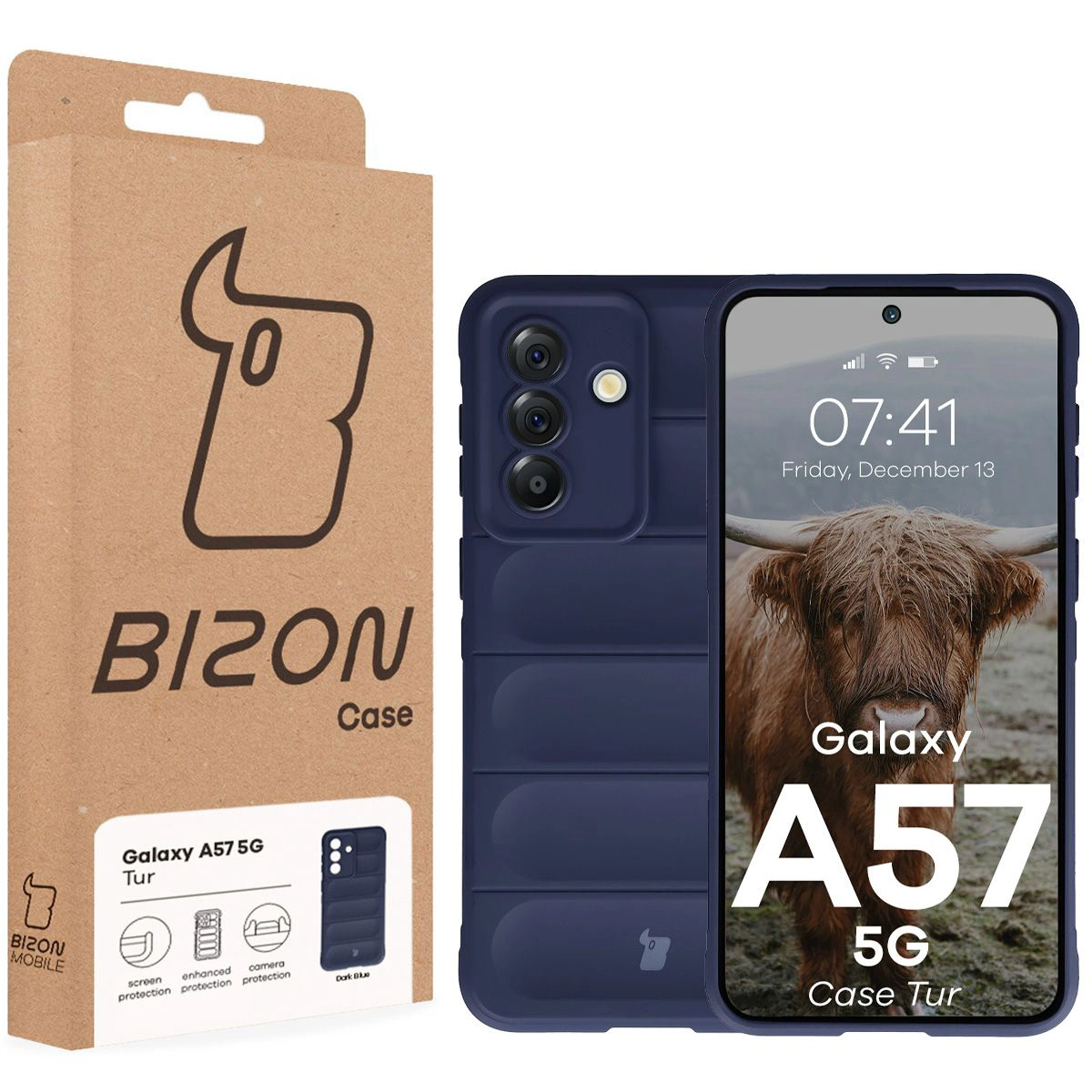 Fața cutiei Bizon Case cu eticheta dedicată pentru Samsung Galaxy A57 5G