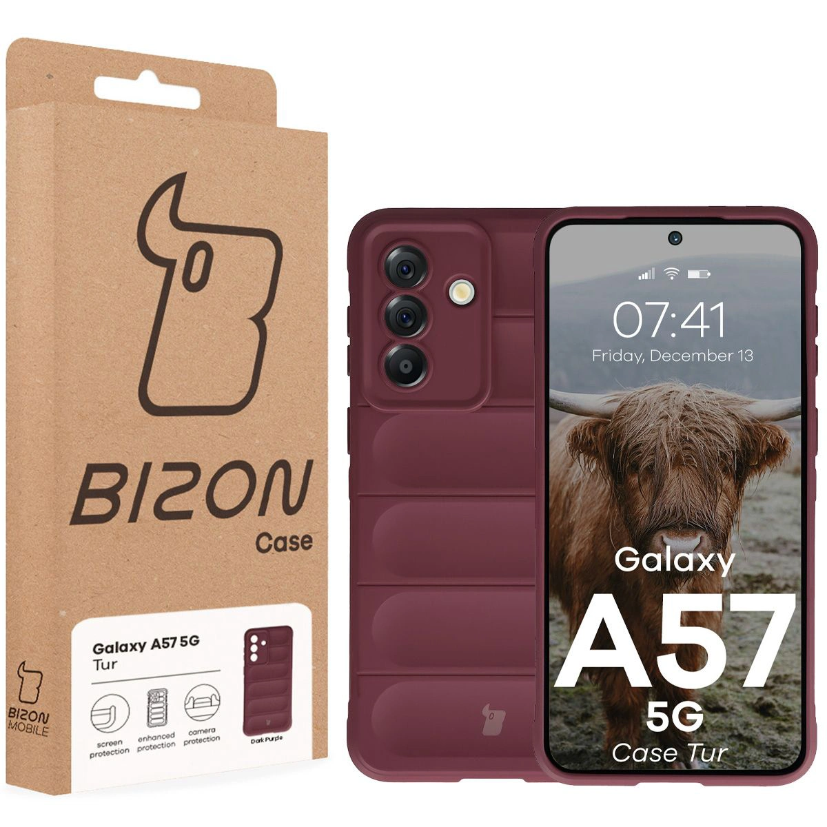 Fața cutiei Bizon Case cu eticheta dedicată pentru Samsung Galaxy A57 5G