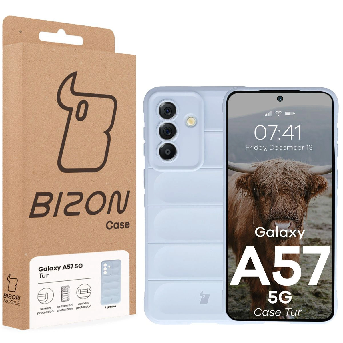 Fața cutiei Bizon Case cu eticheta dedicată pentru Samsung Galaxy A57 5G
