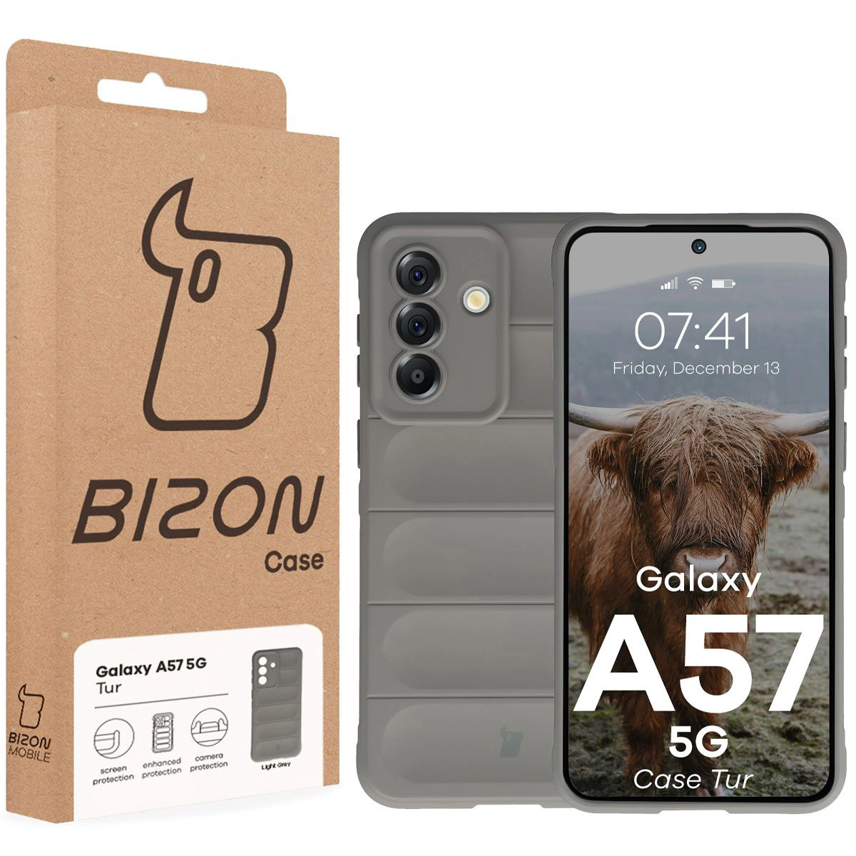Fața cutiei Bizon Case cu eticheta dedicată pentru Samsung Galaxy A57 5G