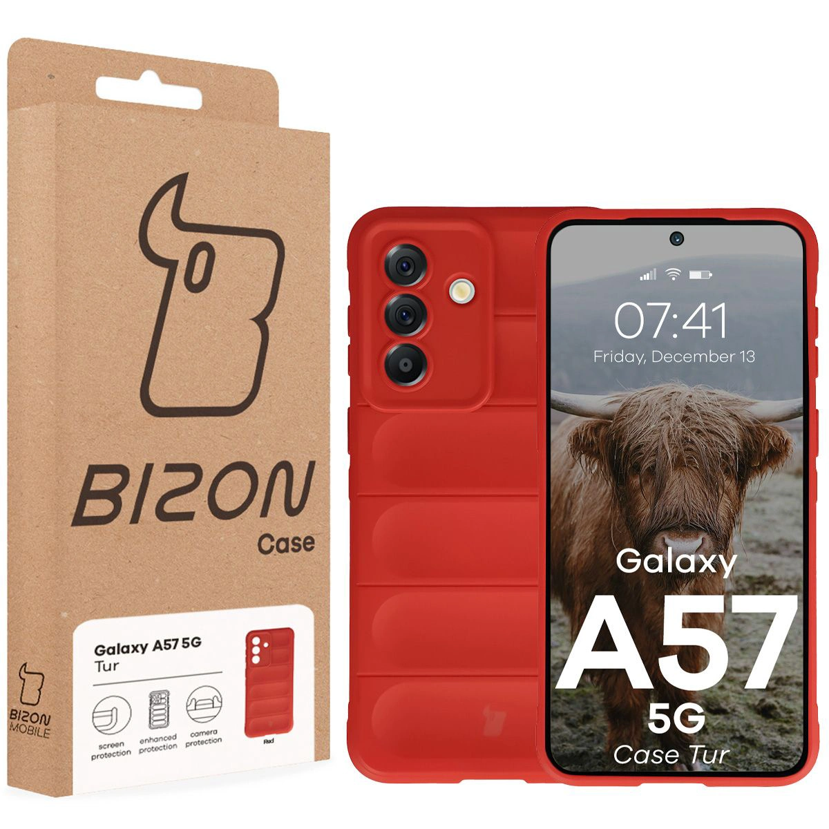 Fața cutiei Bizon Case cu eticheta dedicată pentru Samsung Galaxy A57 5G