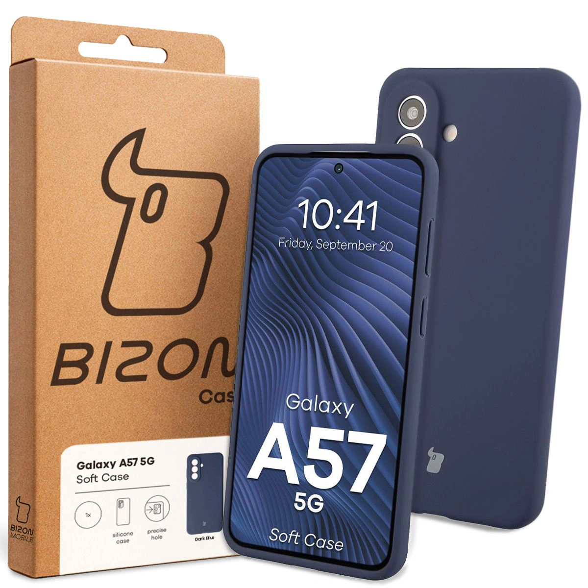 Fața ambalajului Bizon Case cu etichetă dedicată pentru Samsung Galaxy A57 5G